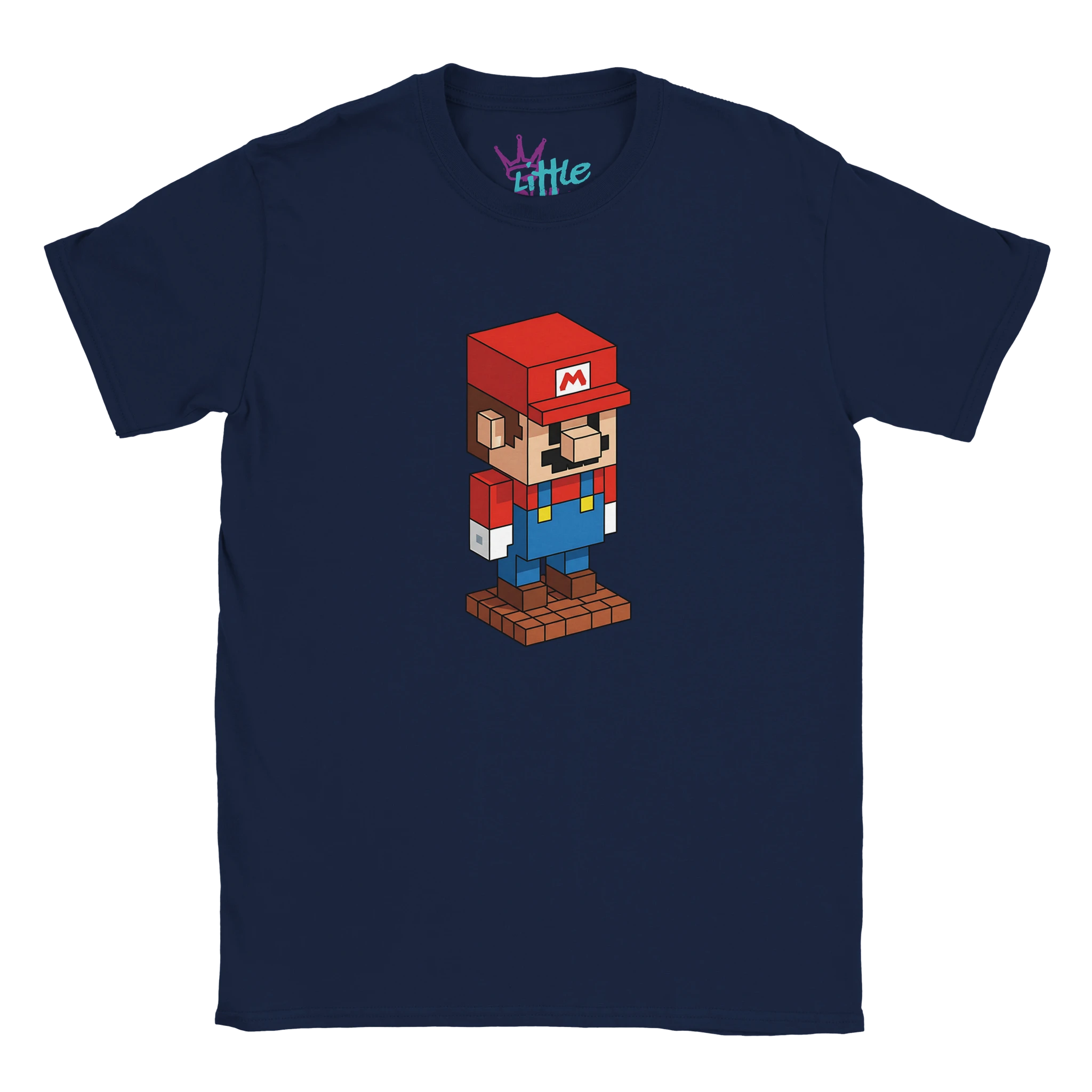 The Plumber Forge x Mined Kids T-Shirt by Little Cult features a navy blue tee with an isometric, voxel art video game character design—ideal for Minecraft fans and young gamers.
