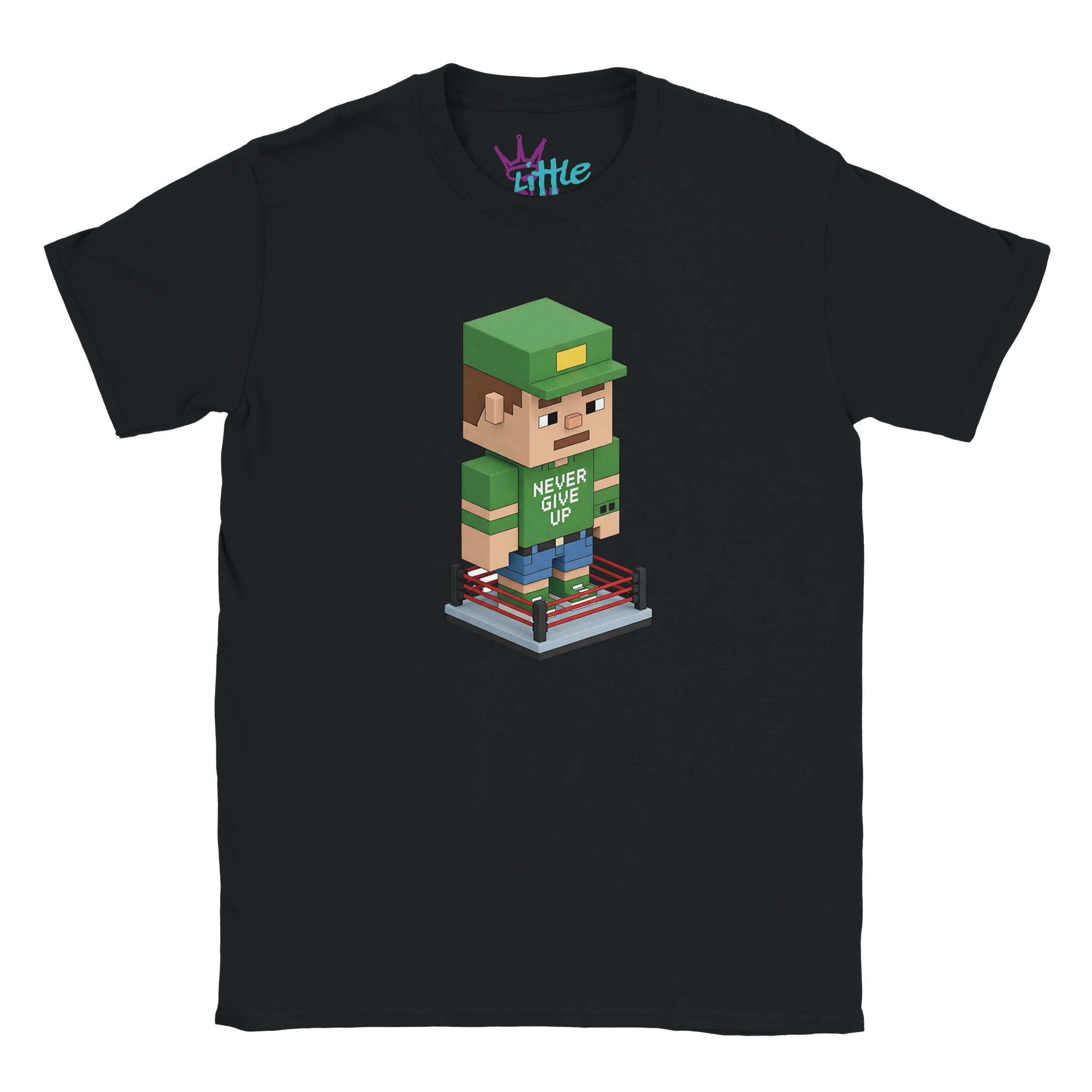 The Little Cult Cenation Voxel x Mined Kids T-Shirt features a pixel art wrestler in green, inspired by John Cena, standing in a ring with Never Give Up—perfect WWE and Minecraft-style merch for young fans.