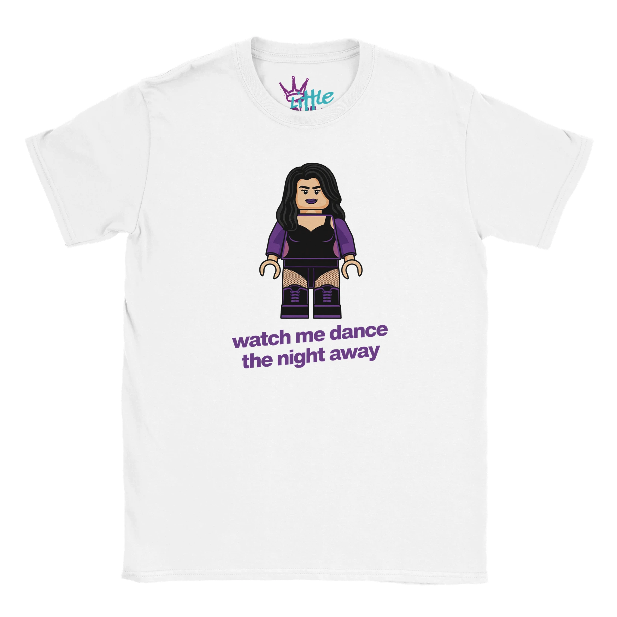The Little Cult Future Nostalgia Brick Idol x Blocks Kids T-Shirt features a LEGO-style female figure with long dark hair and “watch me dance the night away” in purple text.