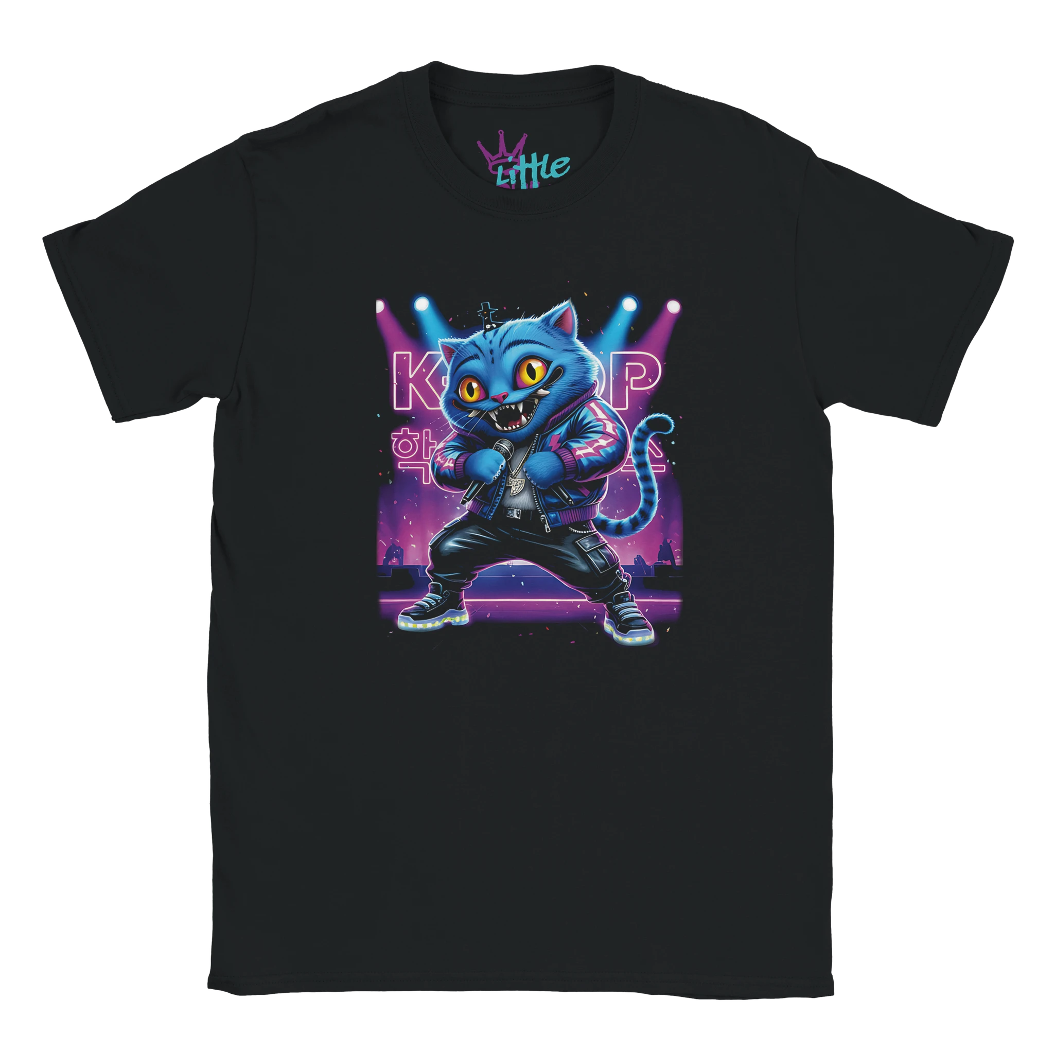 The Little Cult Derpy The K-Pop Star x Otaku Kids T-Shirt features a cartoon blue cat in a leather jacket on stage with colorful lights and a bold K-POP sign—perfect for young fans of anime and K-Pop graphic tees.