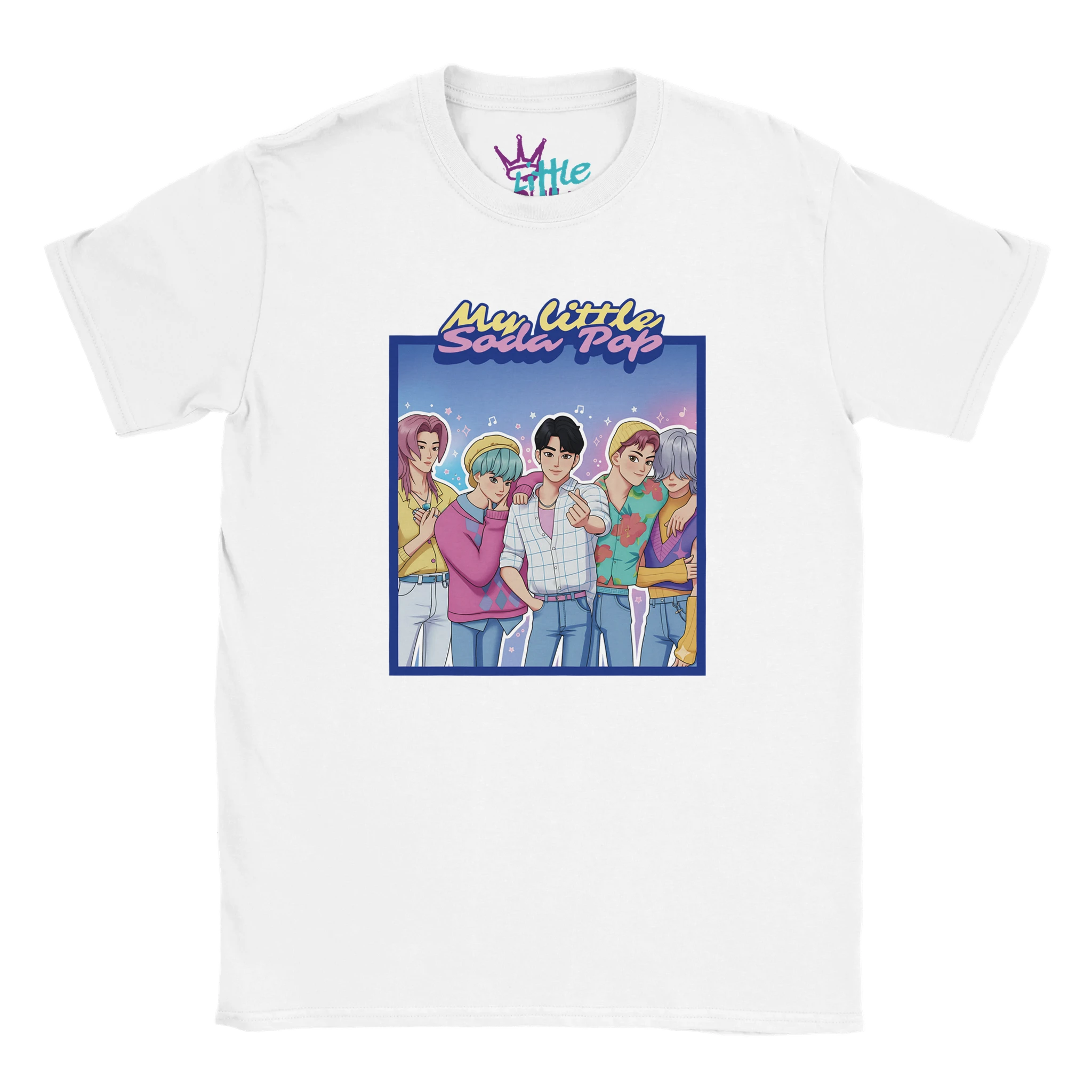 The Little Cult My Little Soda Pop x Deokhu Kids T-Shirt in white features five trendy teens and colorful text—a retro style ideal for K-Pop fans and BTS-inspired gifts.