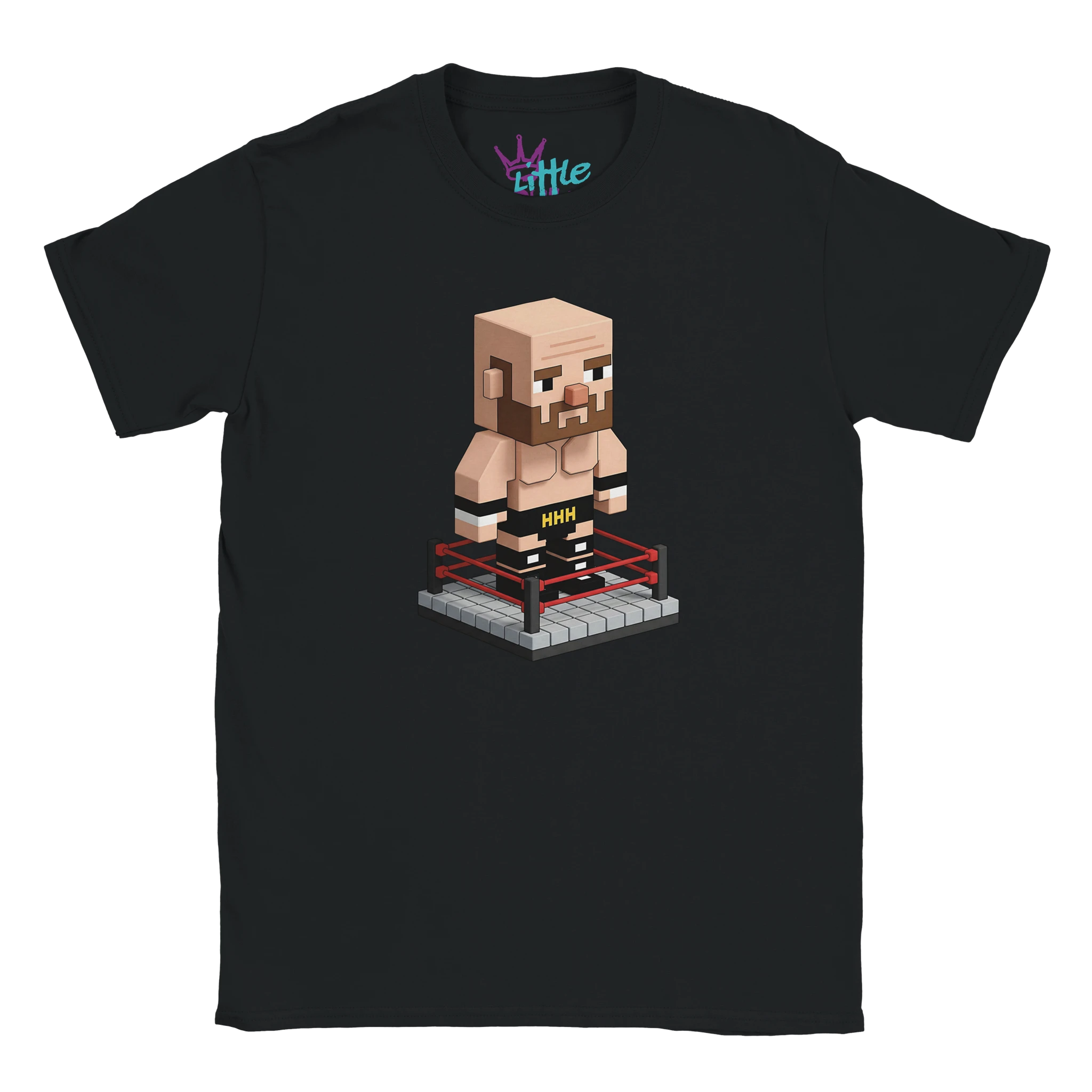 The Little Cult Game Triple Voxel x Mined Kids T-Shirt features a pixelated, block-style wrestler inspired by Triple H in black trunks labeled HHH, standing in a wrestling ring—a playful blend of WWE and Minecraft styles.