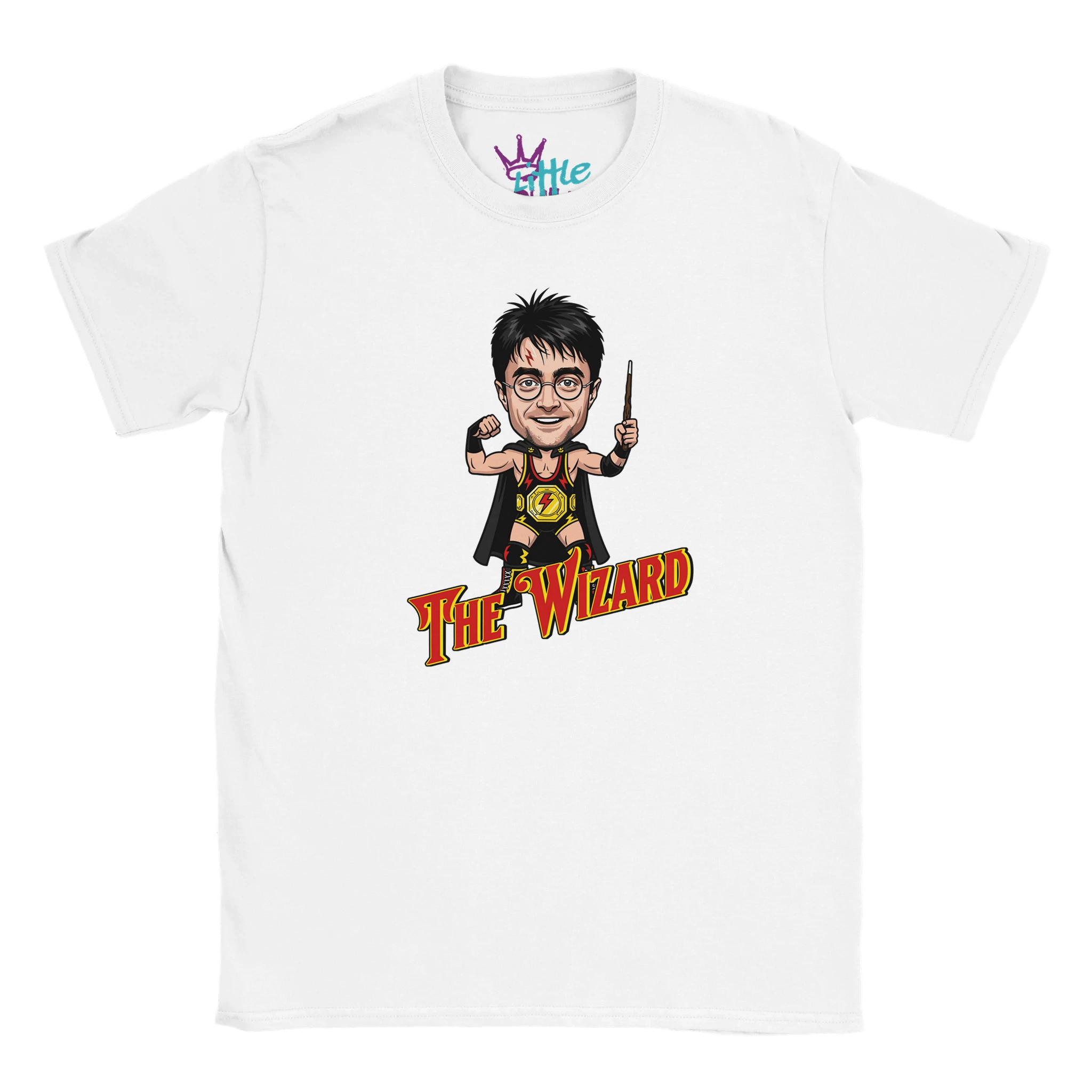 The Wizard x Champions Kids T-Shirt by Little Cult features a cartoon boy with glasses, cape, and wand above The Wizard in red and yellow—an ideal Hogwarts-themed tee for Harry Potter fans.