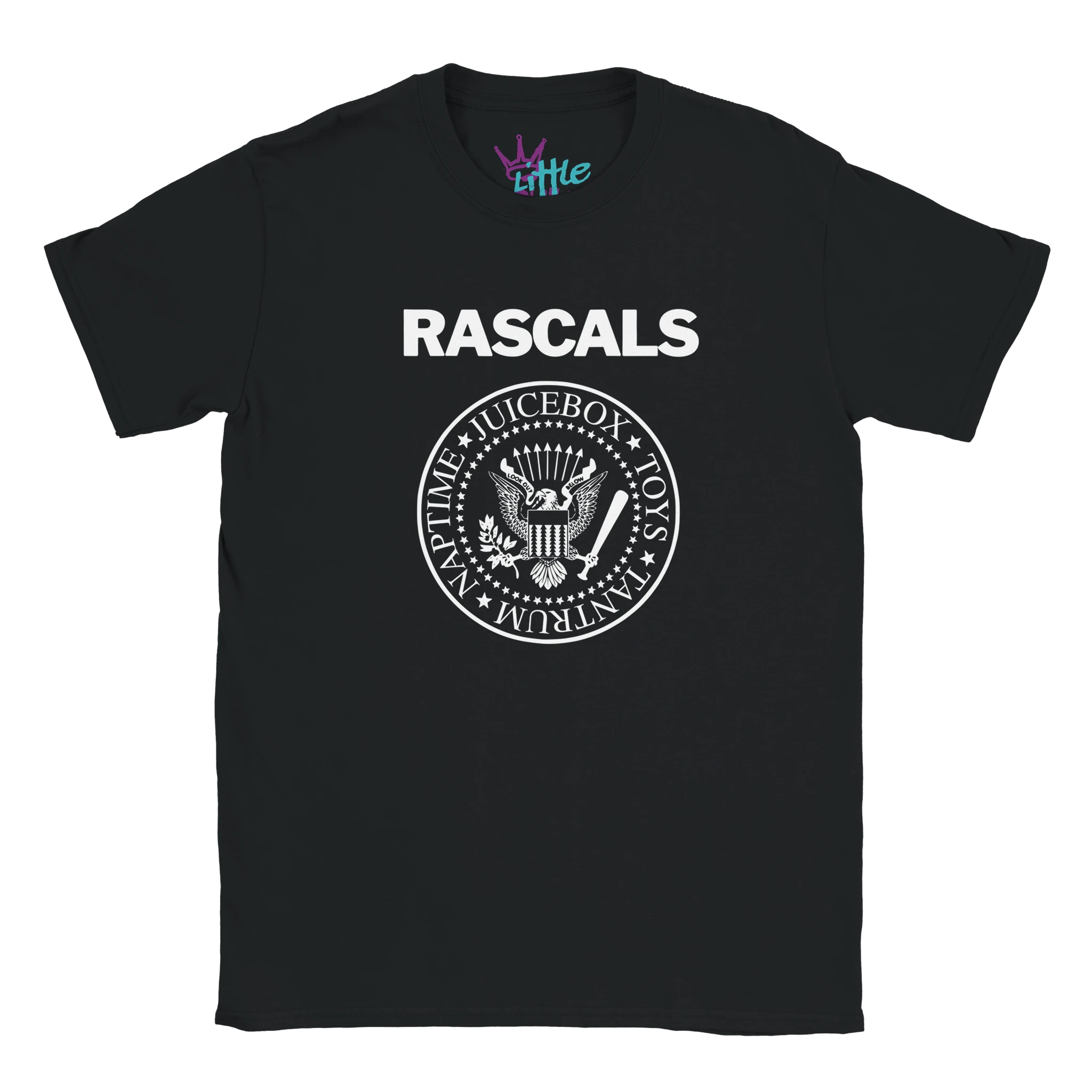 The Little Cult Rascals x Riffs Kids T-Shirt features RASCALS in bold white above an eagle crest with playful words—NAPTIME, JUICEBOX, TOYS, TANTRUM—for a punk band-inspired look.