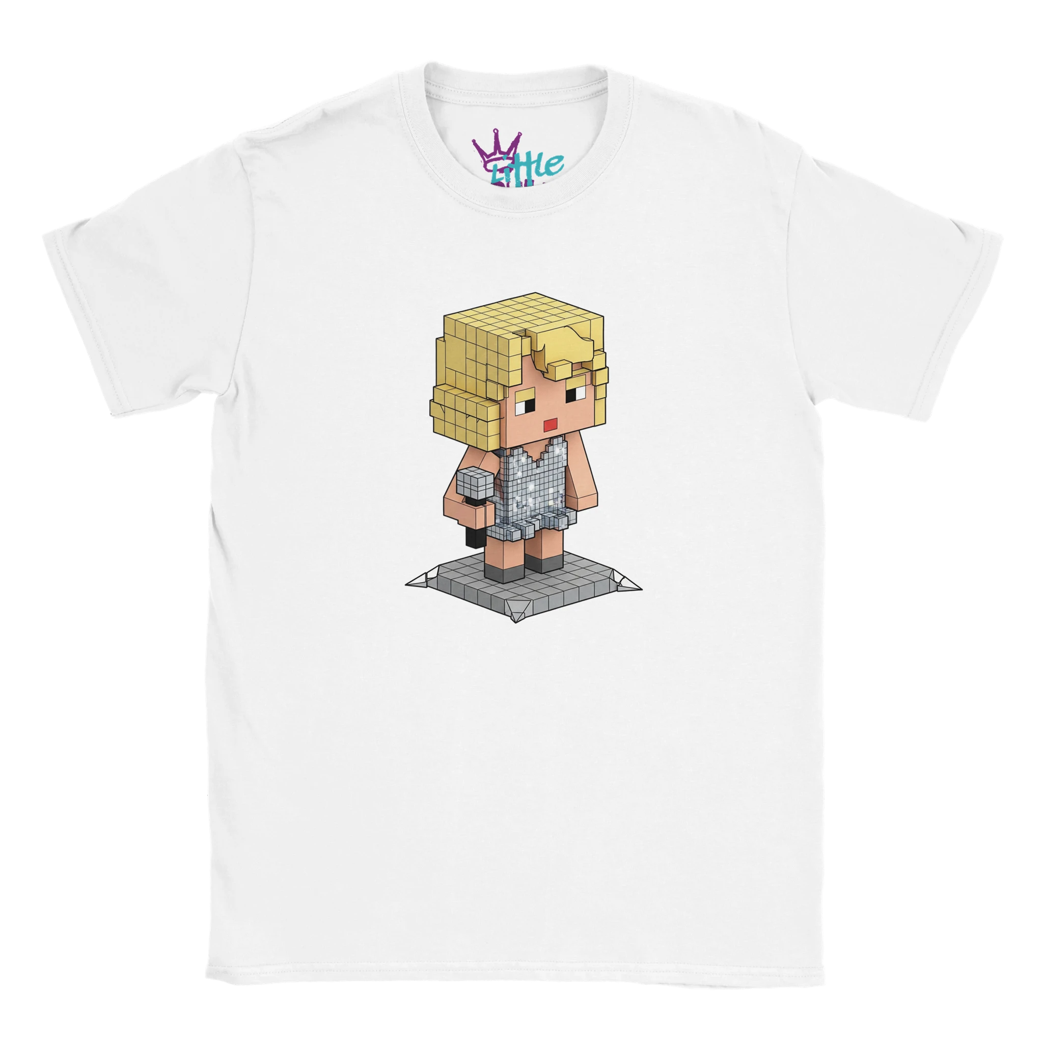 The Heartbreaker Chunk x Mined Kids T-Shirt by Little Cult features a voxel art character in a sparkly silver outfit with blonde hair, holding a mic—perfect for young Minecraft fans and aspiring pop stars.