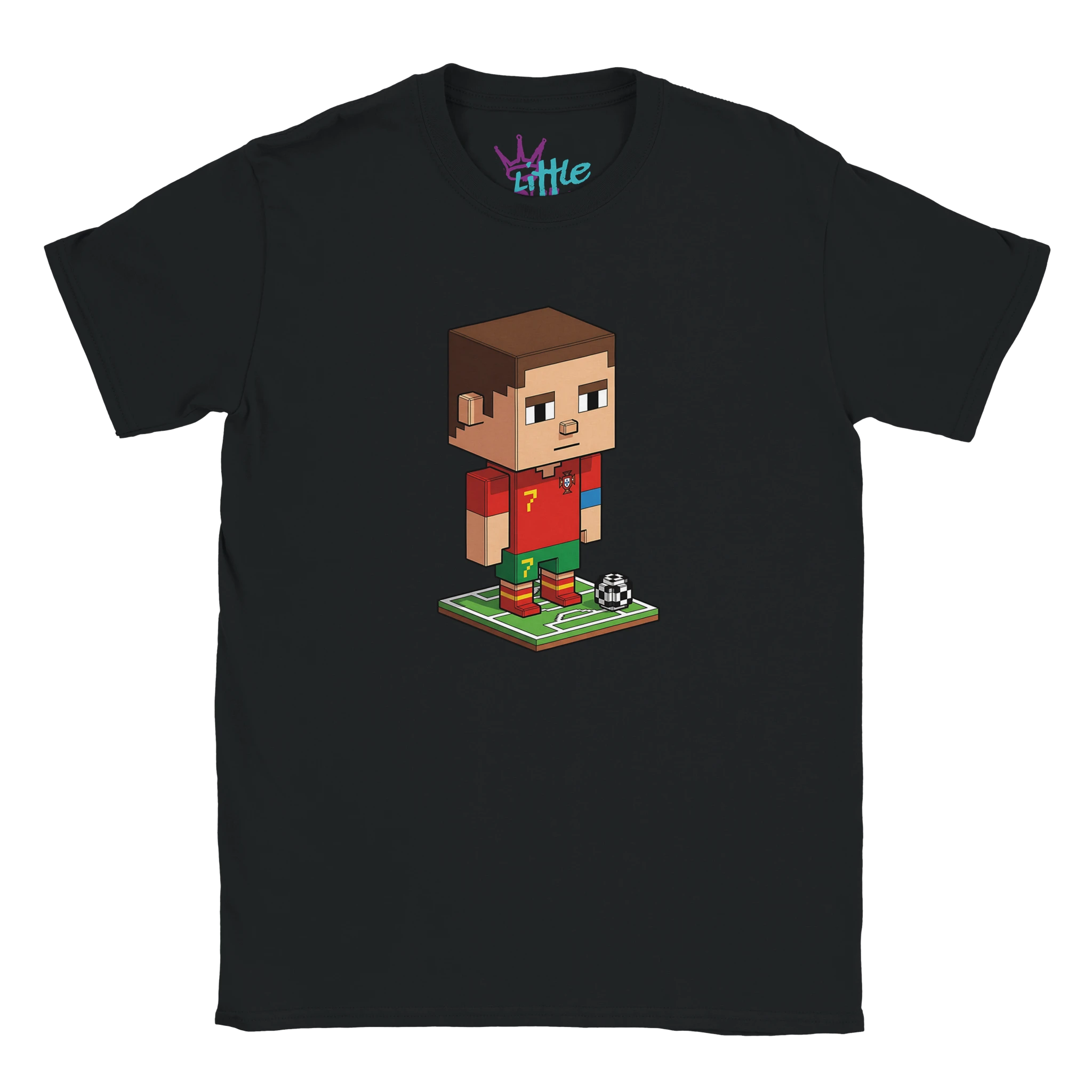 The Siu Chunk x Mined Kids T-Shirt by Little Cult is a black tee with a pixelated soccer player in red #7—ideal for Cristiano Ronaldo fans and Minecraft-inspired kids clothing.