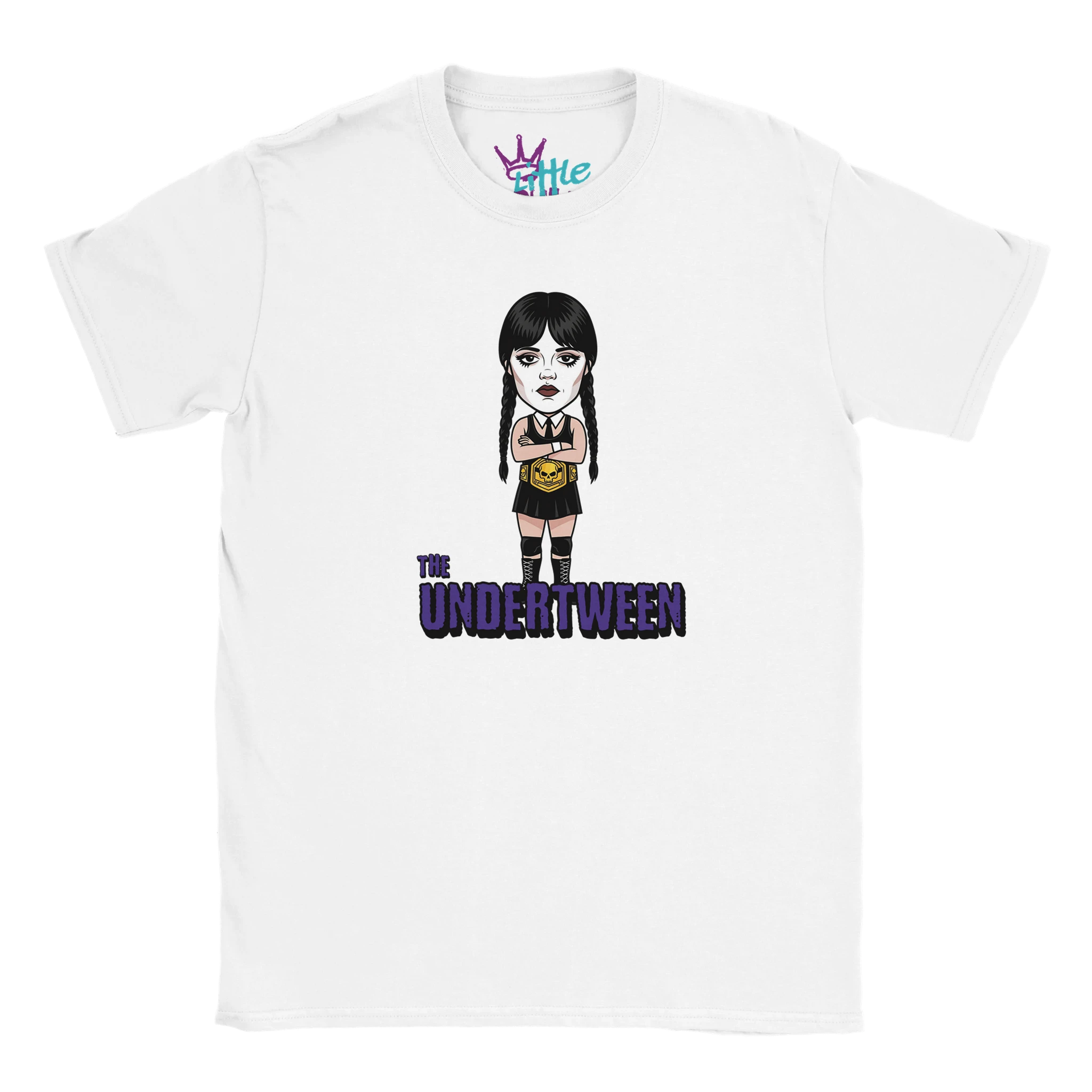 The Undertween x Champions Kids T-Shirt by Little Cult features a cartoon girl above THE UNDERTWEEN—perfect for Wednesday Addams fans and unique Addams Family collectors.