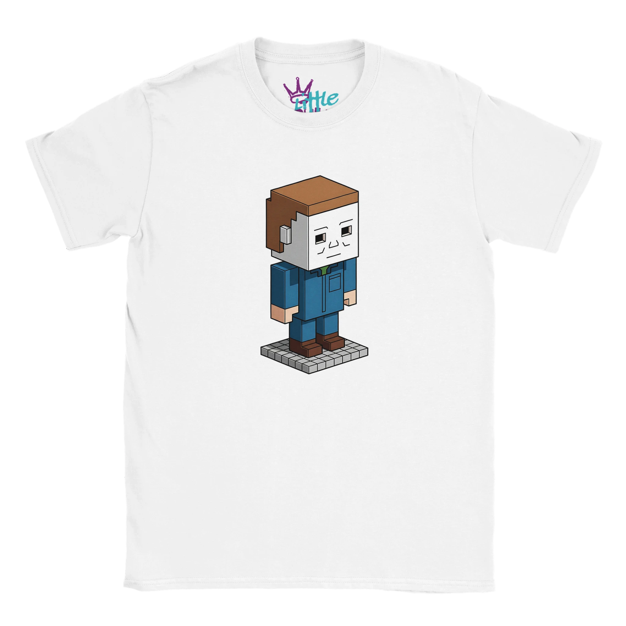 The Little Cult Halloween Craft x Mined Kids T-Shirt features a pixel art character in a blue jumpsuit and white mask, standing on a gray platform—a fun blocky video game-style graphic tee for Halloween.
