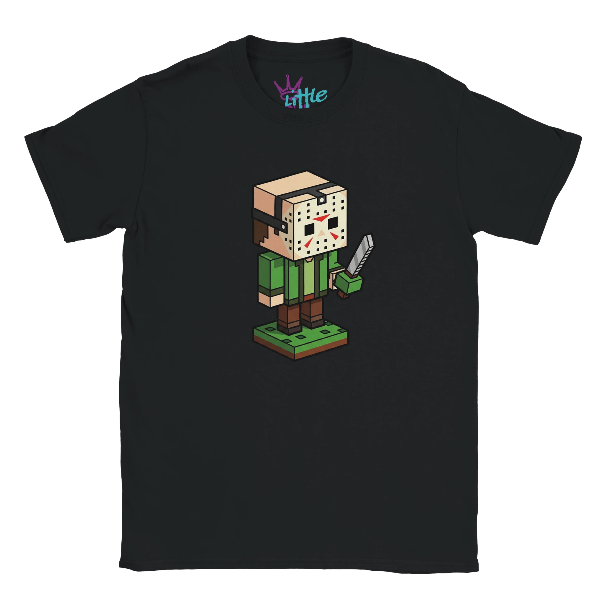 The Slasher Stone x Mined Kids T-Shirt by Little Cult features a voxel-style character with a hockey mask and knife—ideal for fans of Jason Voorhees Minecraft or unique Minecraft kids clothing.
