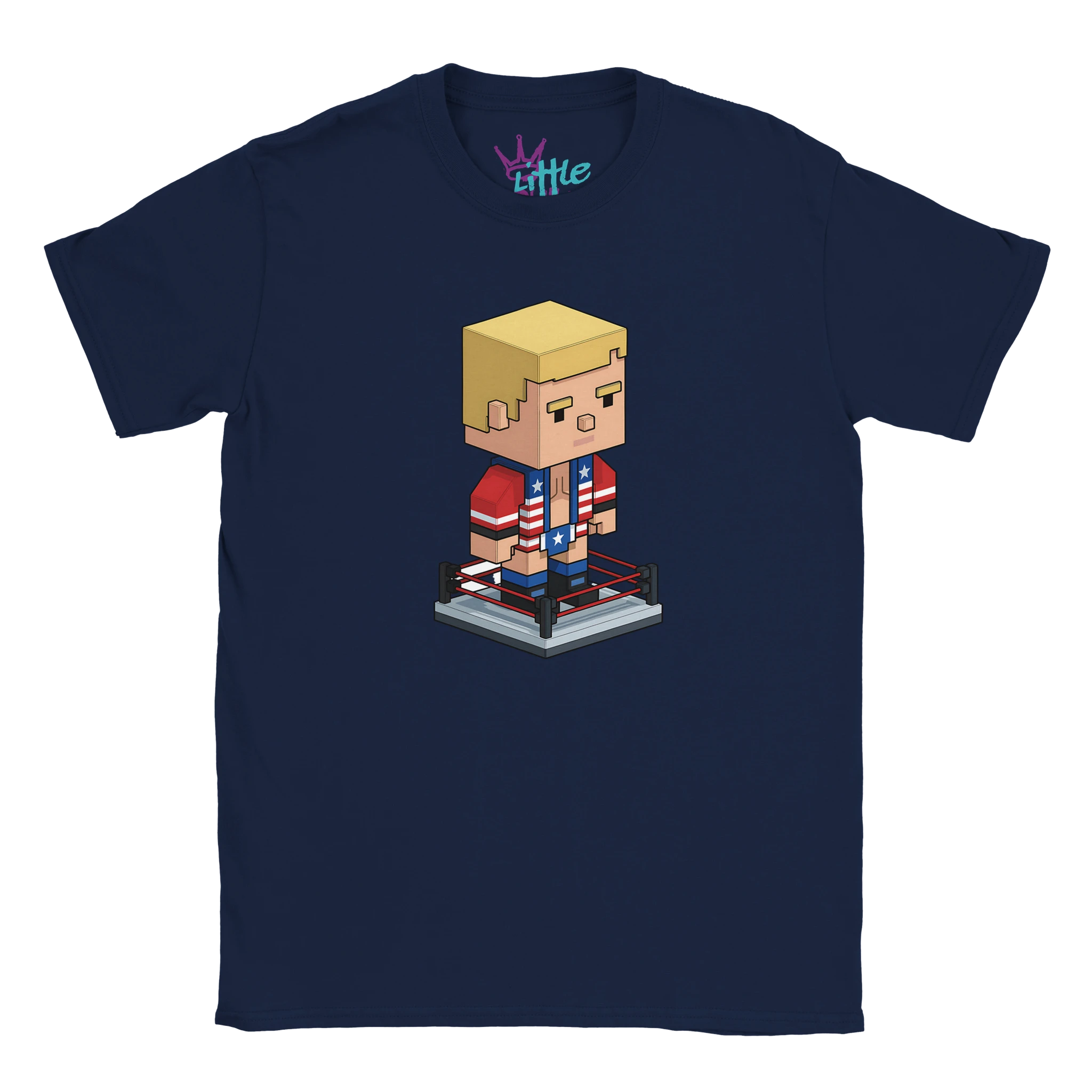 The Little Cult American Forge x Mined Kids T-Shirt is a navy tee with a pixel art Cody Rhodes in a red, white, and blue outfit standing in a ring—perfect for Minecraft fans who love wrestling!.