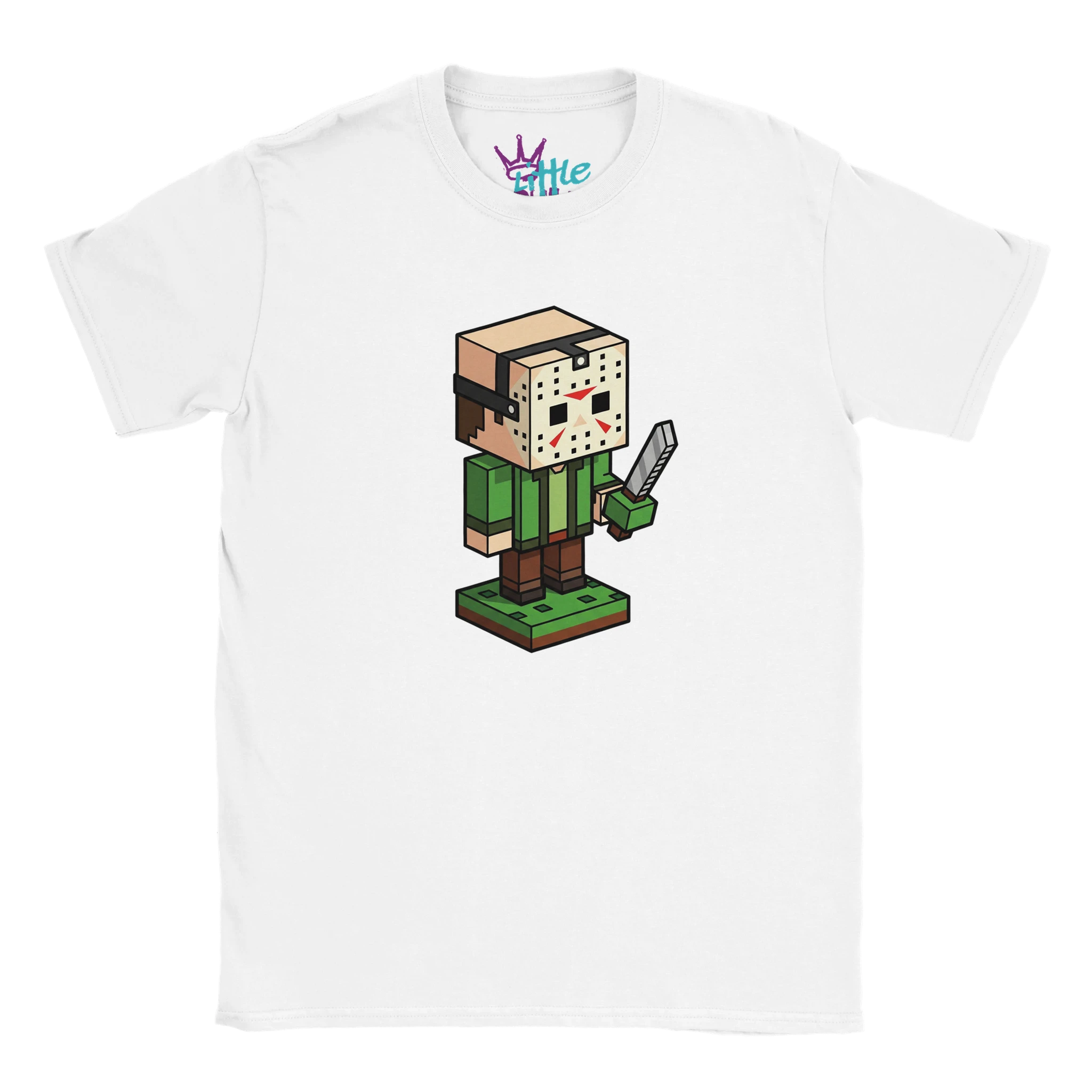 The Slasher Stone x Mined Kids T-Shirt by Little Cult features a voxel art character inspired by Jason Voorhees, complete with hockey mask and knife, standing on a blocky platform. Ideal for fans of Minecraft and horror icons!.