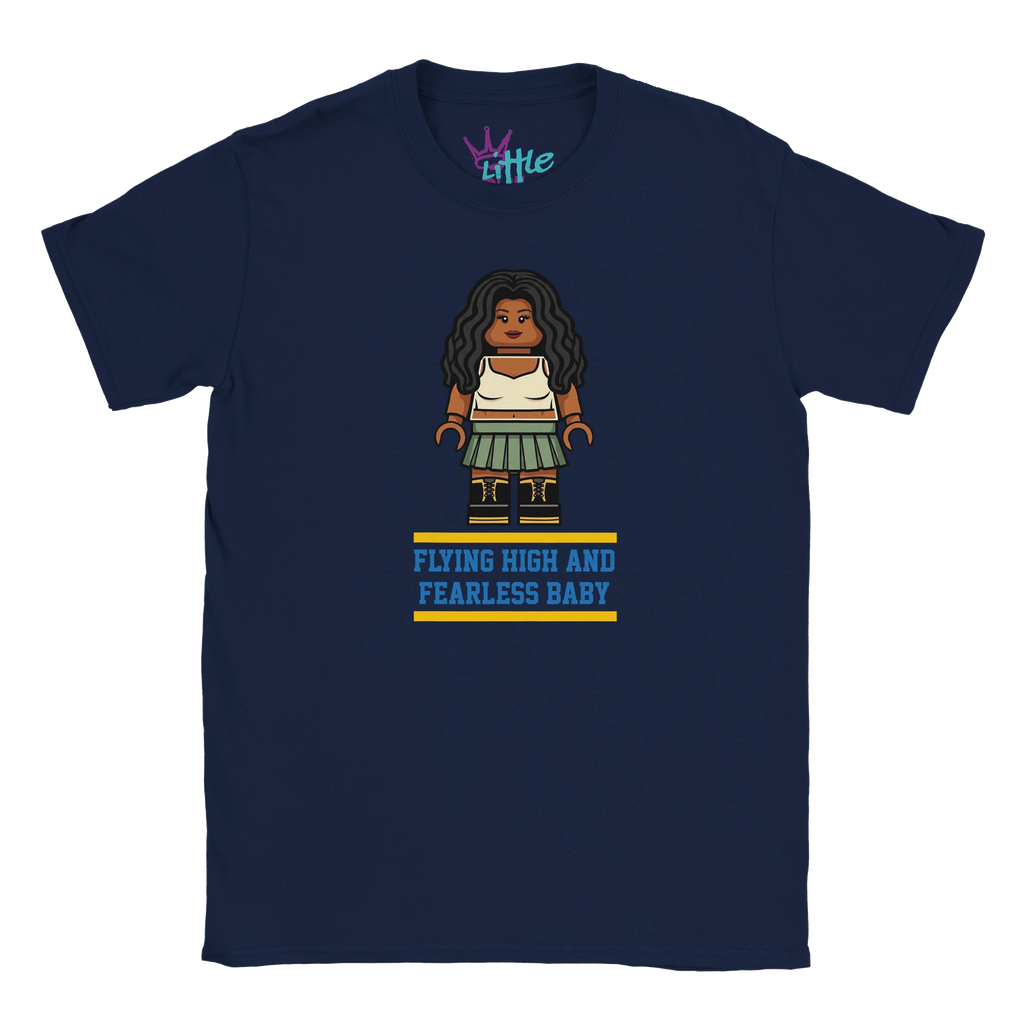 The Brick Ctrl Soul x Blocks Kids T-Shirt by Little Cult is a navy blue tee with block-style art of a cartoon figure and the phrase "FLYING HIGH AND FEARLESS BABY" in blue and yellow. Part of the Little Cult Blocks Collection.