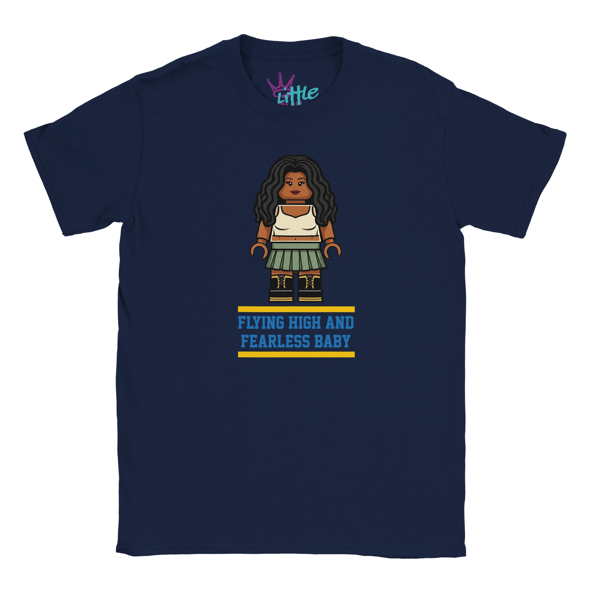 The Brick Ctrl Soul x Blocks Kids T-Shirt by Little Cult is a navy blue tee with block-style art of a cartoon figure and the phrase "FLYING HIGH AND FEARLESS BABY" in blue and yellow. Part of the Little Cult Blocks Collection.