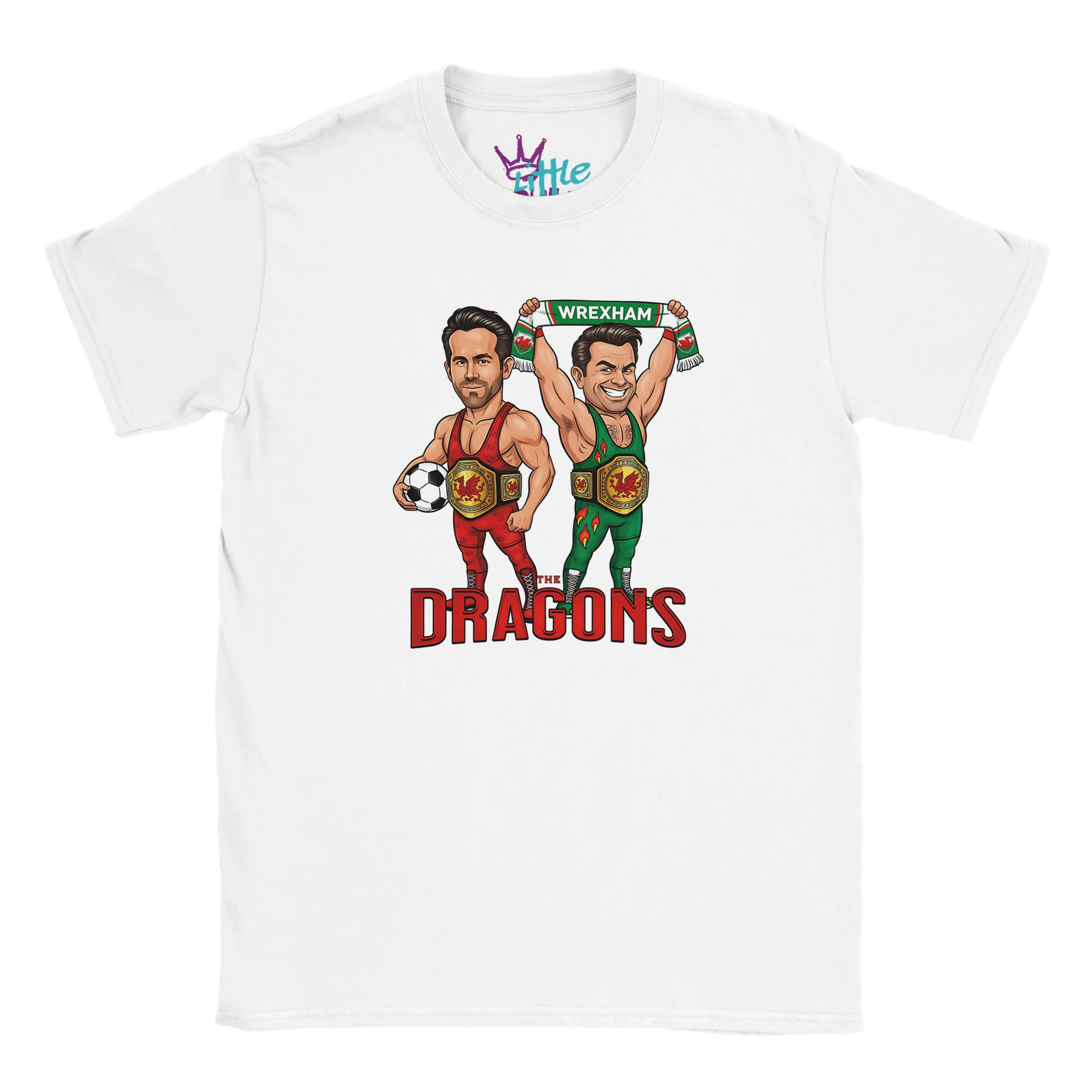 The Dragons x Champions Kids T-Shirt by Little Cult features cartoon wrestlers with championship belts and a Wrexham scarf, plus bold red DRAGONS text—perfect for young Wrexham AFC fans.