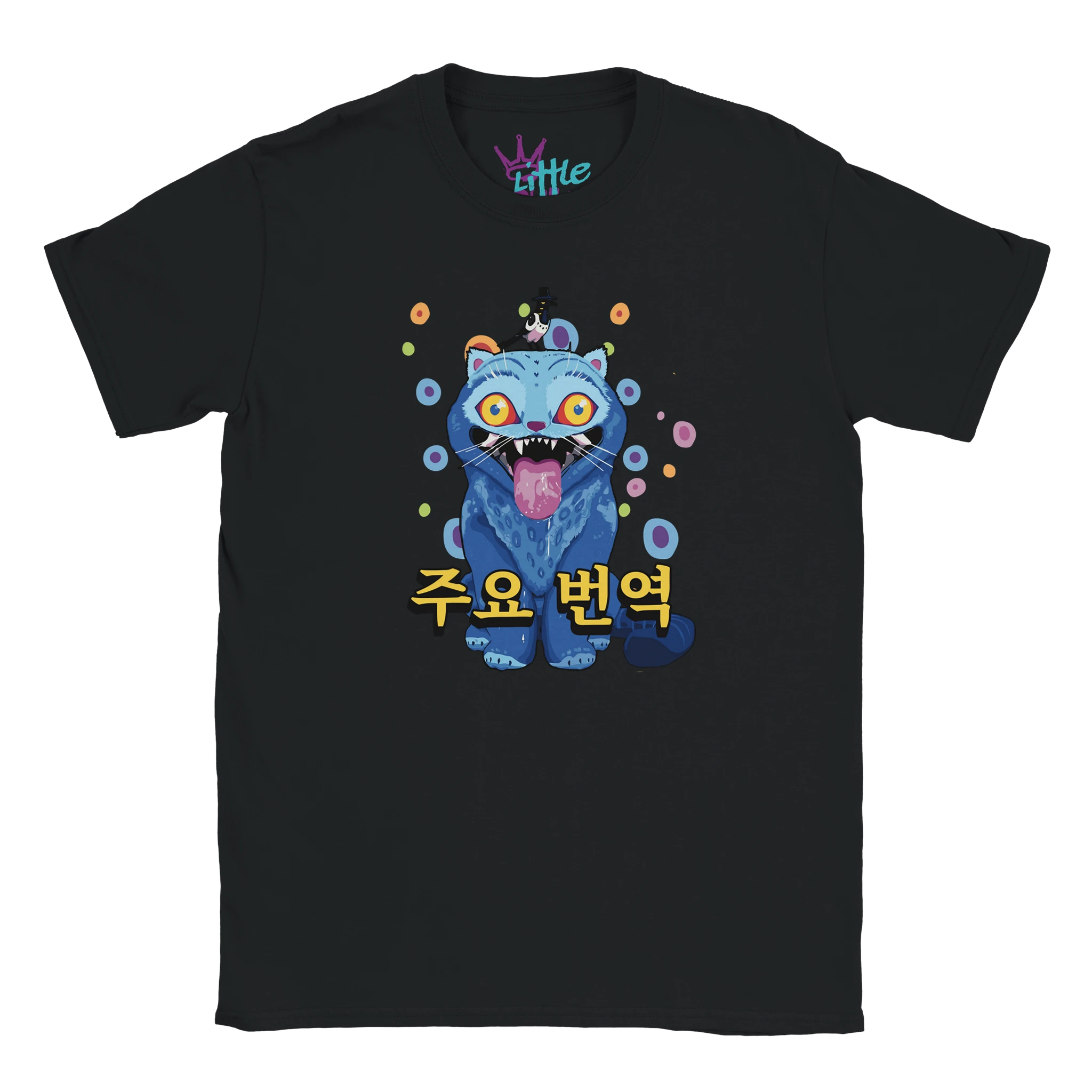 The Derpy Polka Dots x Deokhu Kids T-Shirt by Little Cult is a black tee featuring a vibrant blue cartoon monster with sharp teeth and bubbles, plus Korean text below—a playful choice for fans of K-Pop kids clothing styles.