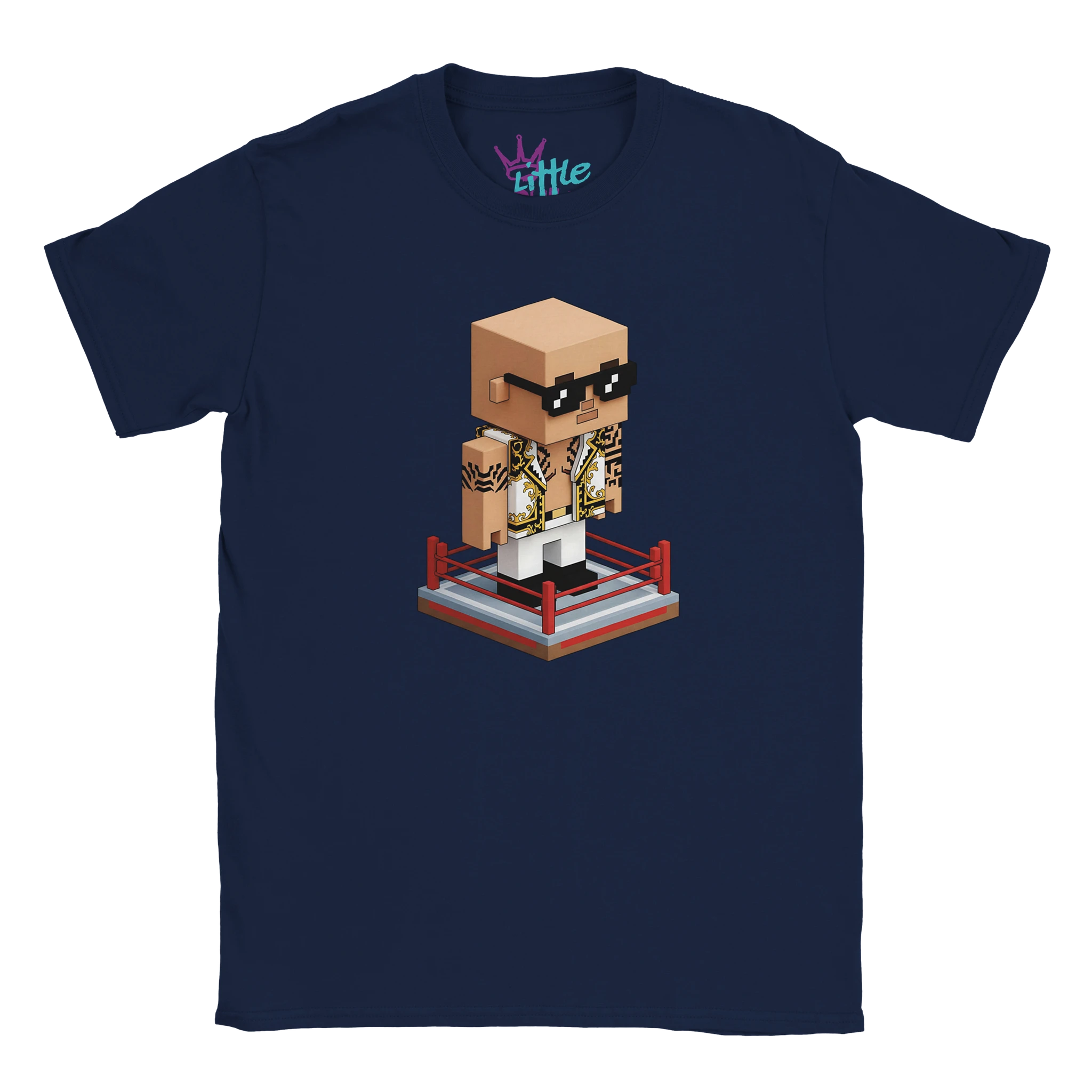 The Final Boss Forge x Mined Kids T-Shirt by Little Cult is a navy blue tee featuring a pixel art figure with sunglasses and a tiger-print jacket in a wrestling ring—perfect for young wrestling or Minecraft fans.