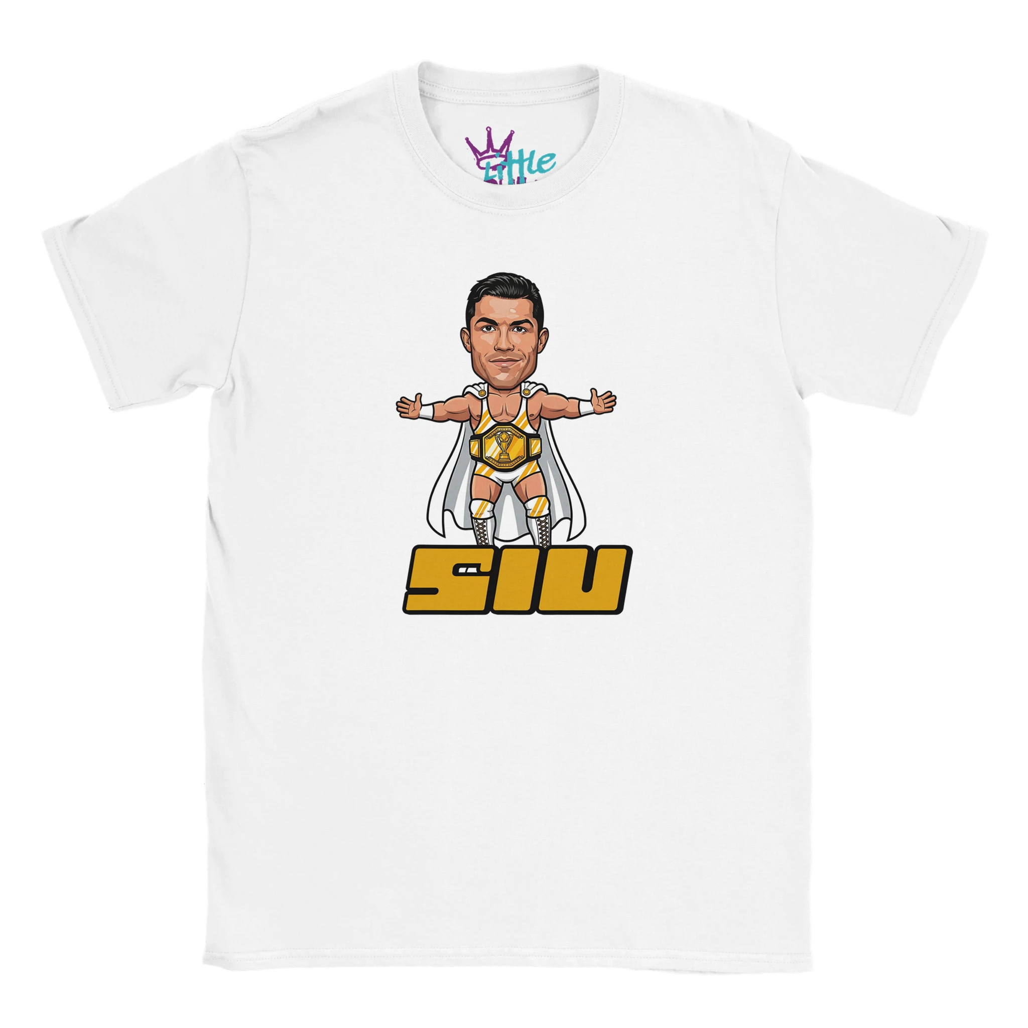 The Little Cult SIU x Champions Kids T-Shirt in white features a cartoon superhero above the bold yellow "SIU"—perfect for young Cristiano Ronaldo fans.