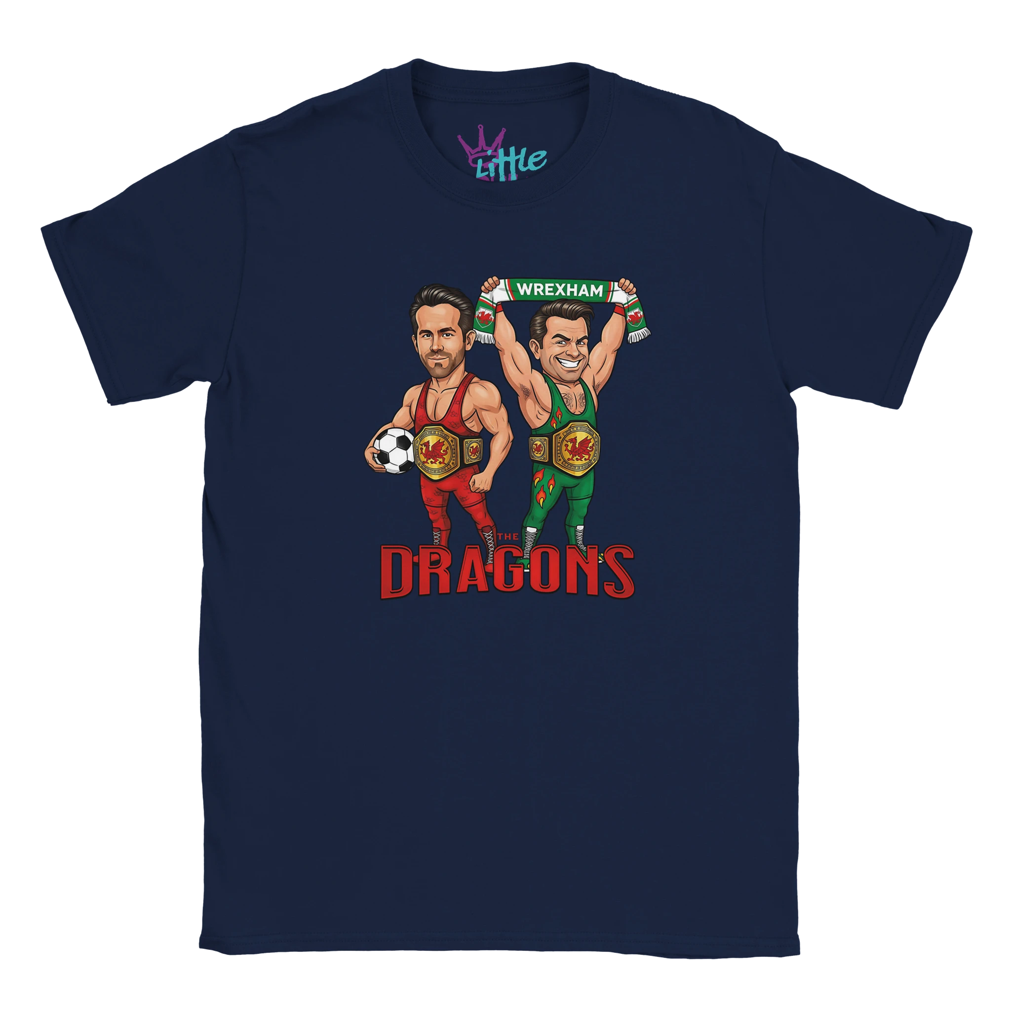 The Dragons x Champions Kids T-Shirt by Little Cult features cartoon wrestlers with dragon emblems, holding a soccer ball and Wrexham scarf, plus DRAGONS text—perfect Wrexham AFC fan merch.