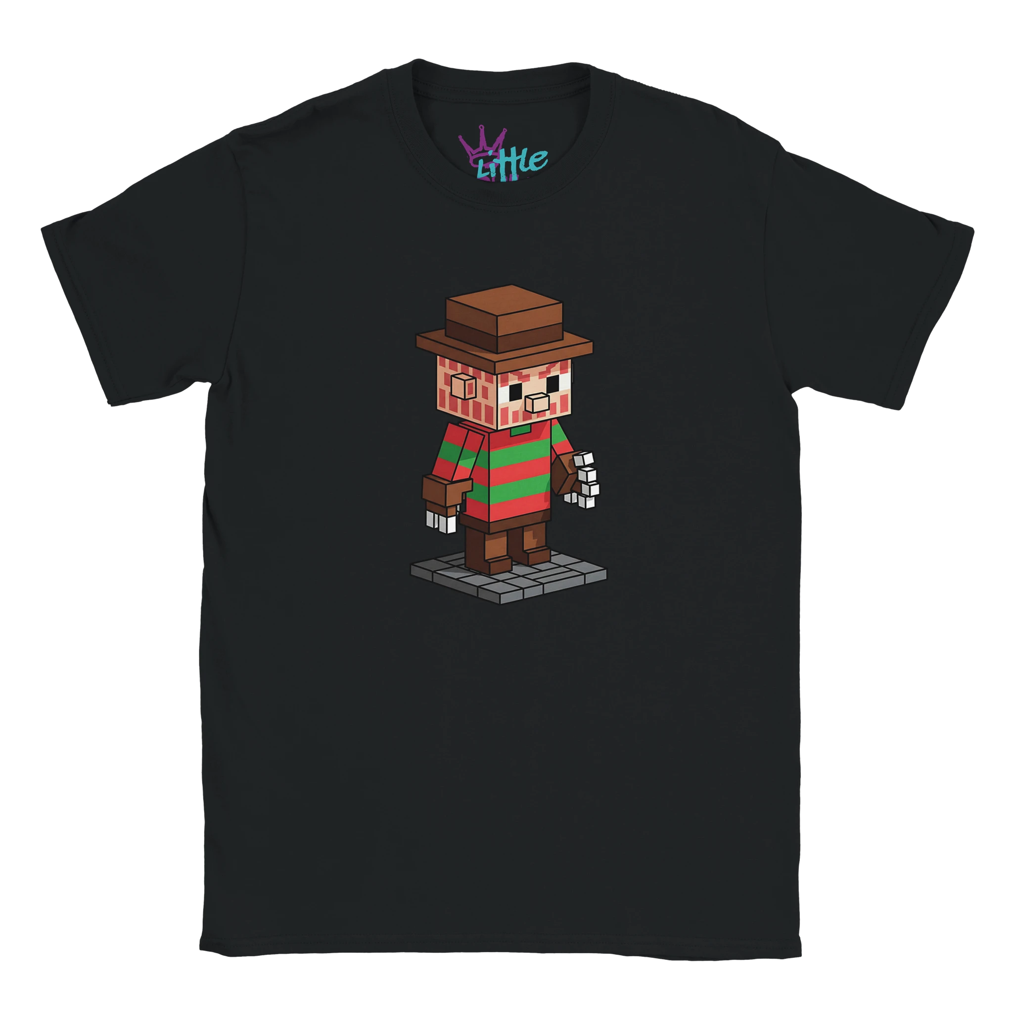 The Nightmare Cobble x Mined Kids T-Shirt by Little Cult features a pixel art character—great for Freddy Krueger t-shirt fans or anyone after unique Minecraft kids clothing.