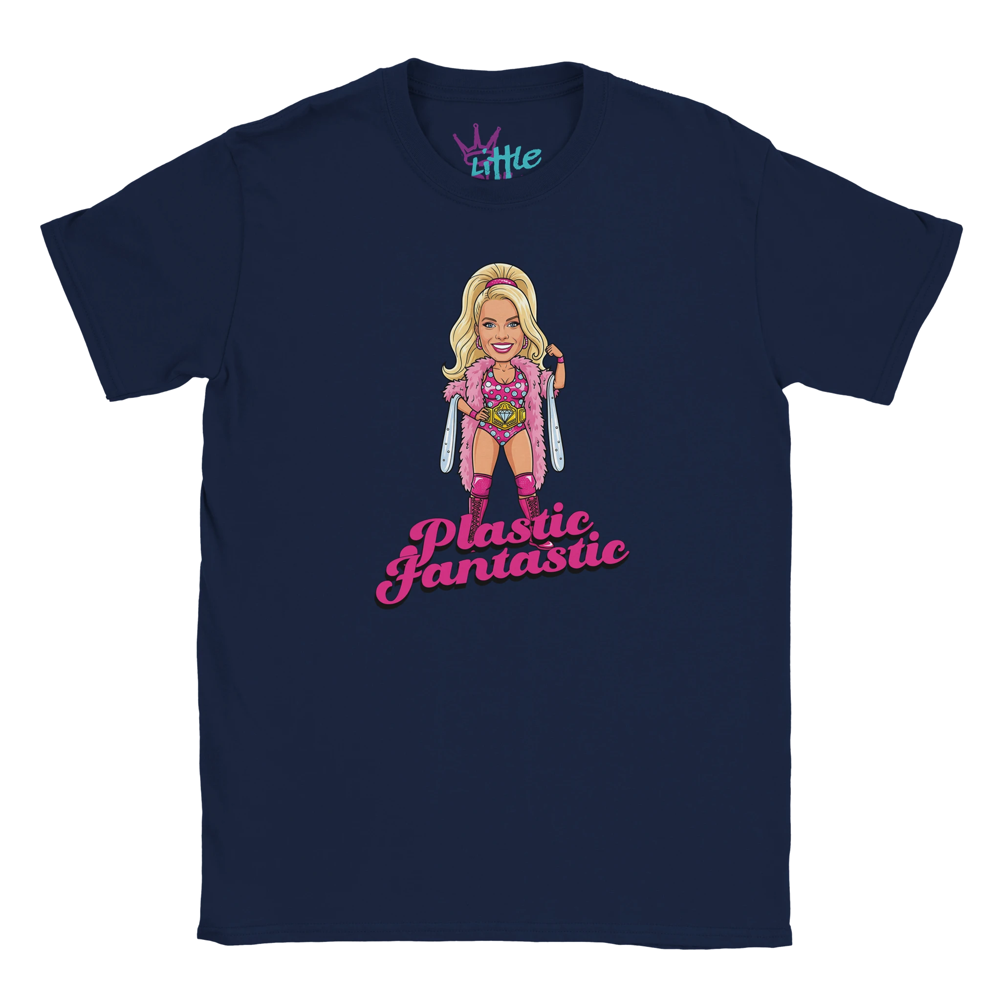The Little Cult Plastic Fantastic x Champions Kids T-Shirt is a navy blue tee with a cartoon blonde woman, colorful clothes, pink bag, and Plastic Fantastic in bold pink—perfect for young WWE parody fans.