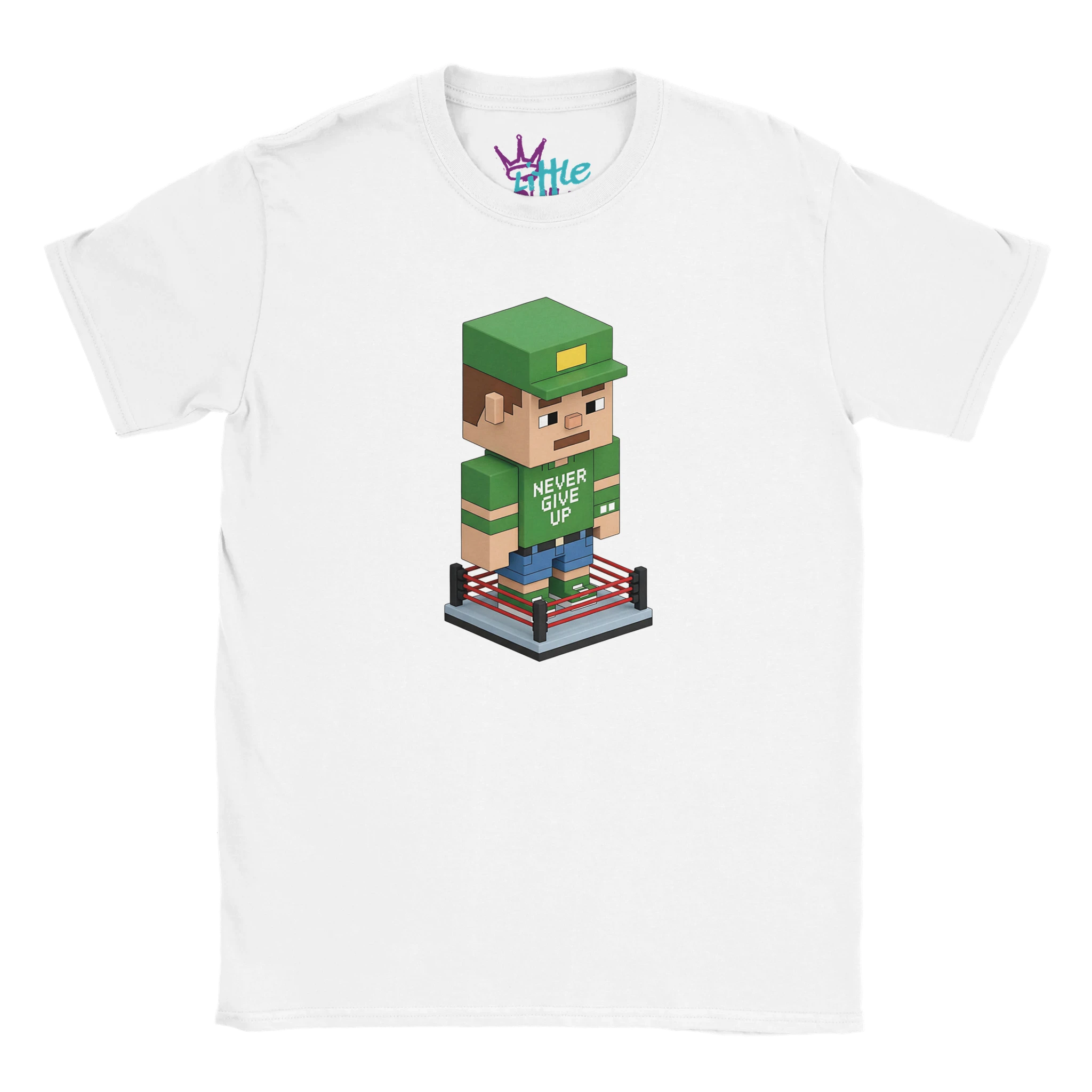 The Little Cult Cenation Voxel x Mined Kids T-Shirt features a pixelated character in a wrestling ring with a Never Give Up shirt—ideal for fans of Minecraft-style or WWE-inspired apparel.