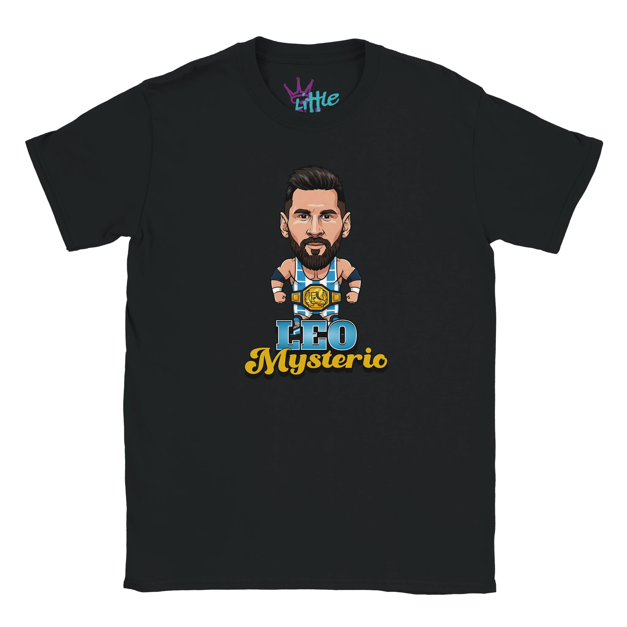 The Little Cult Leo Mysterio x Champions Kids T-Shirt is a black tee featuring a cartoon bearded wrestler in a lucha libre mask and championship belt, with bold yellow and blue Leo Mysterio text below the character.