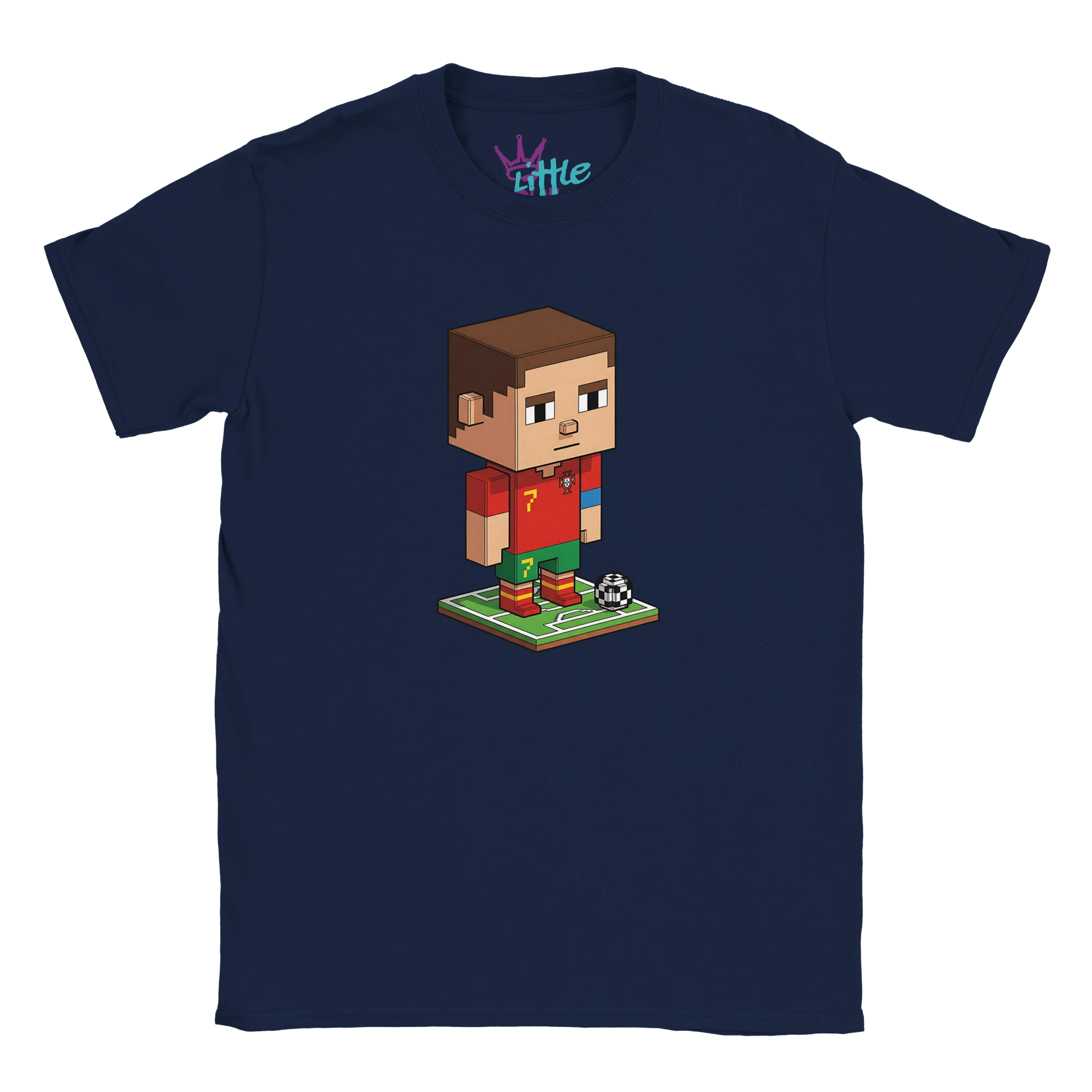 The Little Cult Siu Chunk x Mined Kids T-Shirt is a navy blue Minecraft-themed tee with a pixel art soccer player in red and green, ideal for young fans of Siu Chunk x Mined and Cristiano Ronaldo.
