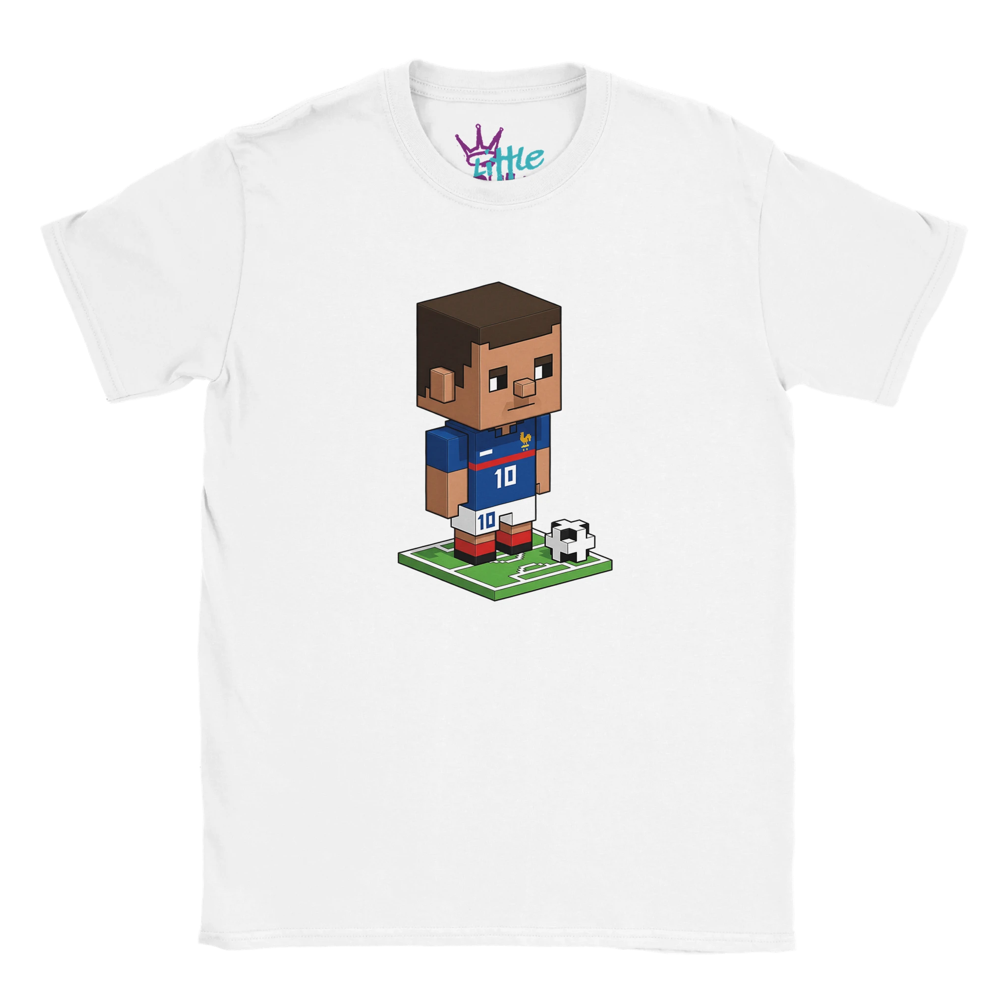 The France Forge x Mined Kids T-Shirt by Little Cult features voxel art of a soccer player inspired by Kylian Mbappé in blue #10 jersey and red shorts, perfect for Minecraft fans and kids who love soccer.