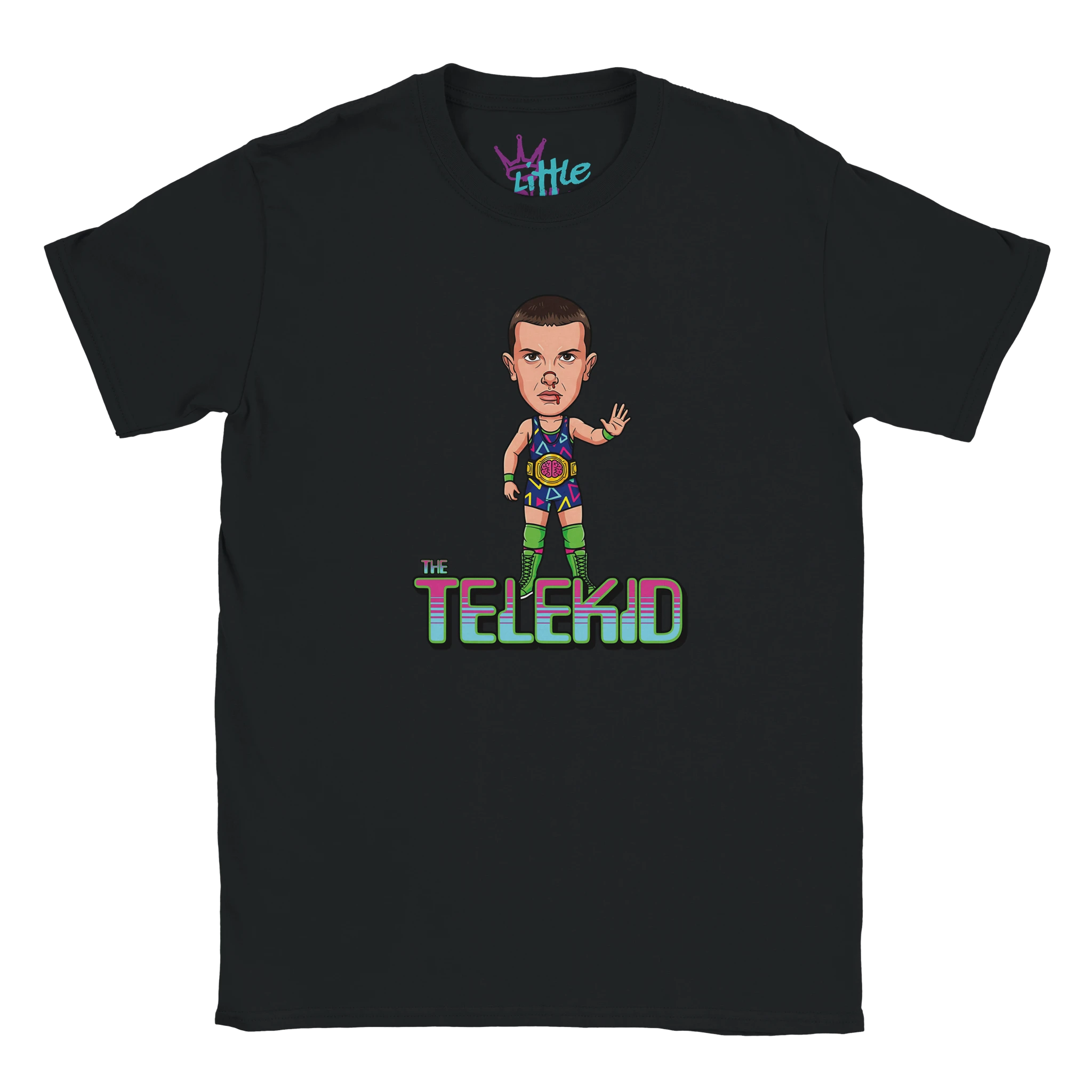 The Telekid x Champions Kids T-Shirt by Little Cult: black tee with a cartoon superhero, hand raised over bold retroTHE TELEKID text. Perfect for Stranger Things fans; features the Little Cult logo at the neck.