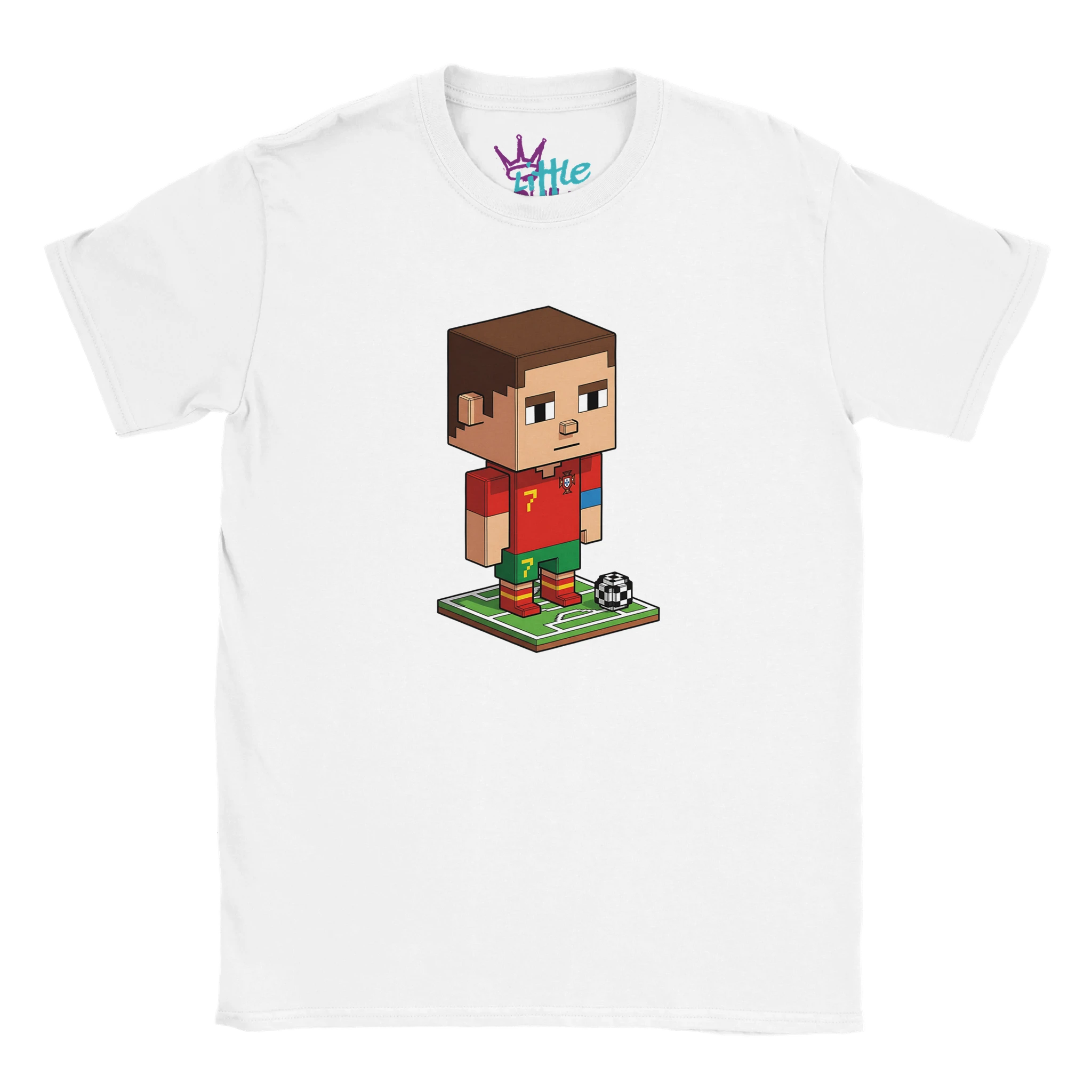 The Little Cult Siu Chunk x Mined Kids T-Shirt is a white tee with a pixel-style cartoon soccer player in a red #7 uniform—perfect for young Cristiano Ronaldo fans and anyone who loves a Minecraft-inspired look.