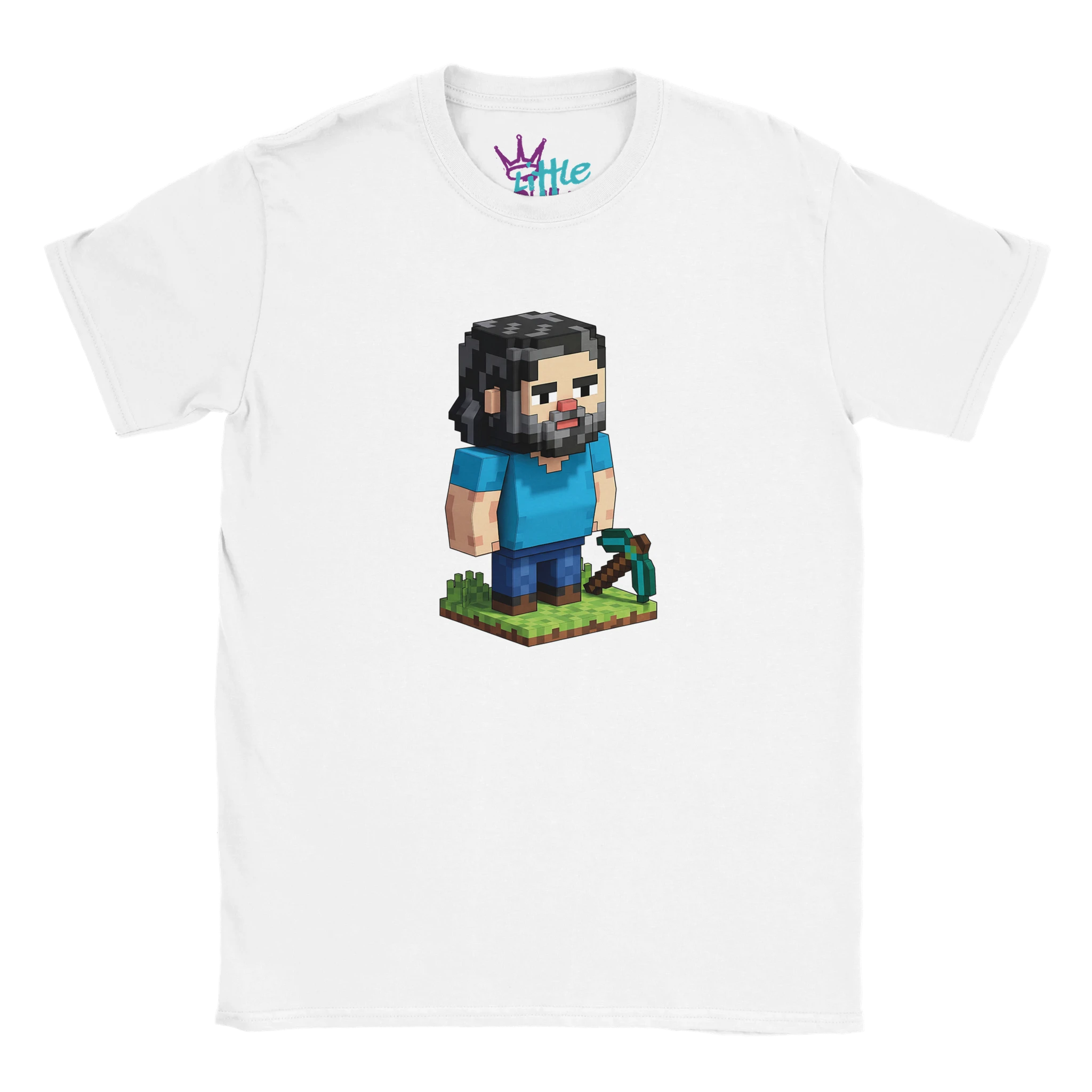 The Tenacious Craft x Mined Kids T-Shirt by Little Cult features voxel art of a blocky character with long dark hair, teal shirt, and blue pants holding a pickaxe—ideal for Jack Black fans seeking unique merch.
