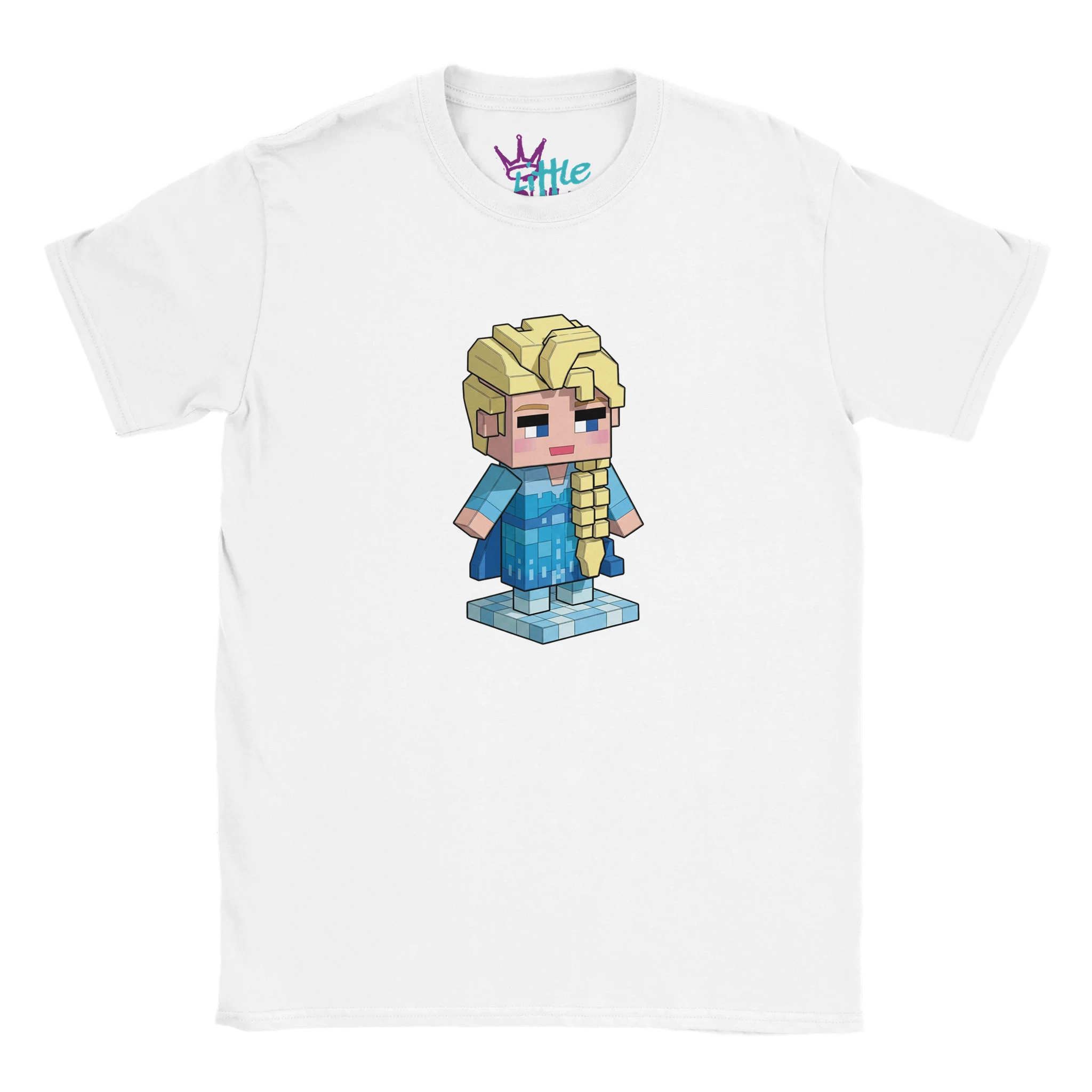 The Ice Voxel x Mined Kids T-Shirt by Little Cult features a pixel-style Elsa with blonde braid in a blue dress and cape on an icy platform—perfect for Frozen and Minecraft fans.