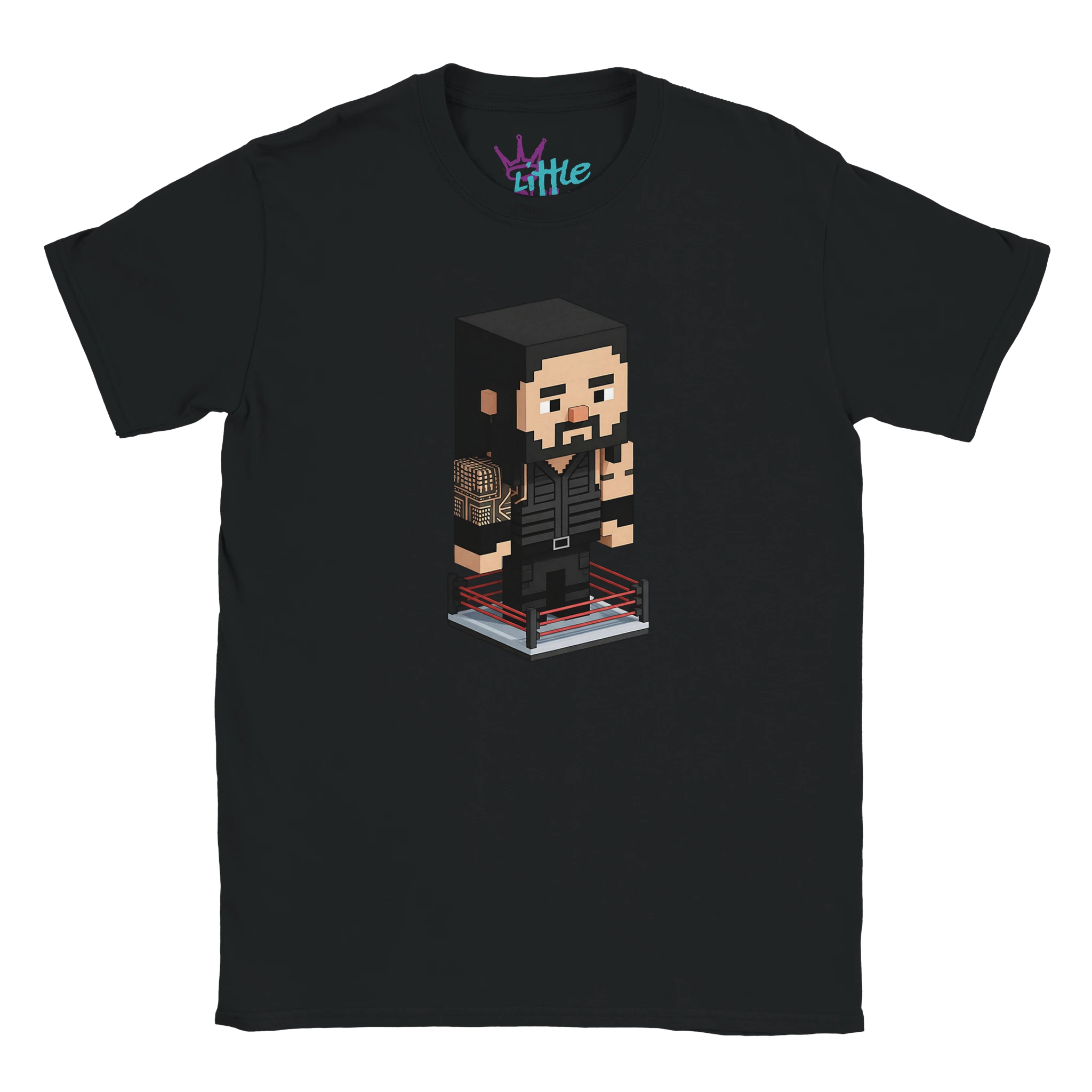 The Little Cult Tribal Mine x Mined Kids T-Shirt is a black tee featuring a pixel art wrestler inspired by Roman Reigns, with beard and tattoo, in a wrestling ring holding a mic. Little is printed inside the collar.