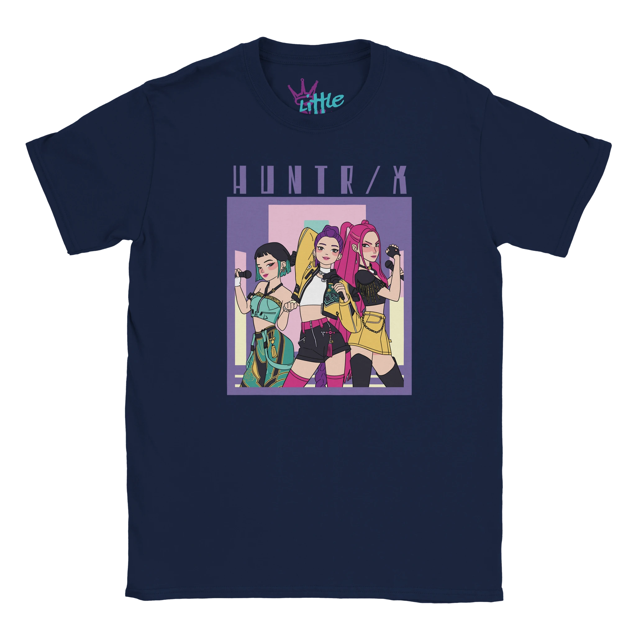 The Huntrix Frame x Deokhu Kids T-Shirt by Little Cult features three animated women with gadgets on a purple-blue backdrop and HUNTR/X text. This navy tee is perfect K-Pop-inspired kids clothing.