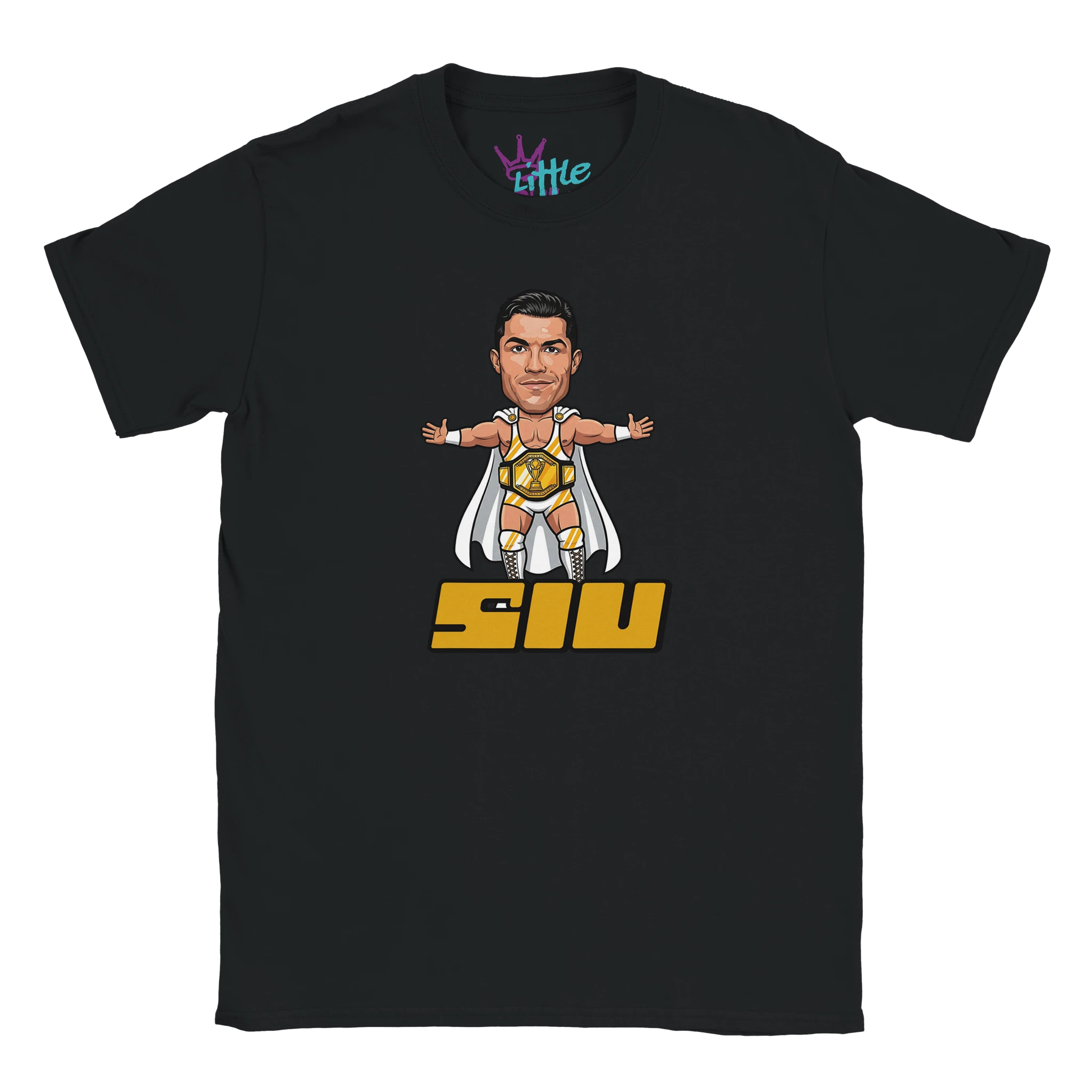 The Little Cult SIU x Champions Kids T-Shirt in black features a cartoon superhero with a gold outfit and white cape above bold yellow "SIU" text—perfect for Cristiano Ronaldo fans.