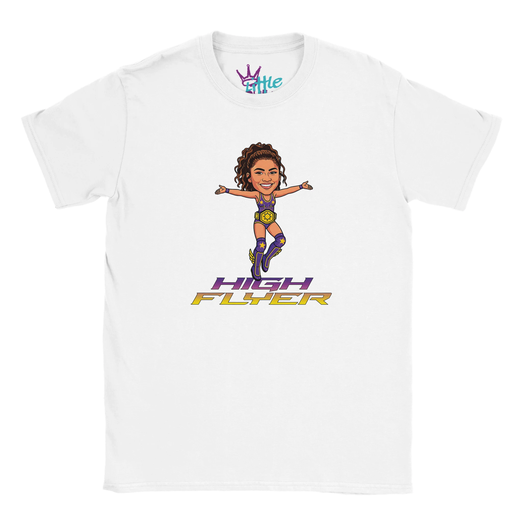 Little Cult’s High Flyer x Champions Kids T-Shirt: a white tee featuring a cartoon superhero woman flying above “HIGH FLYER”—a playful design inspired by Greatest Showman merch.