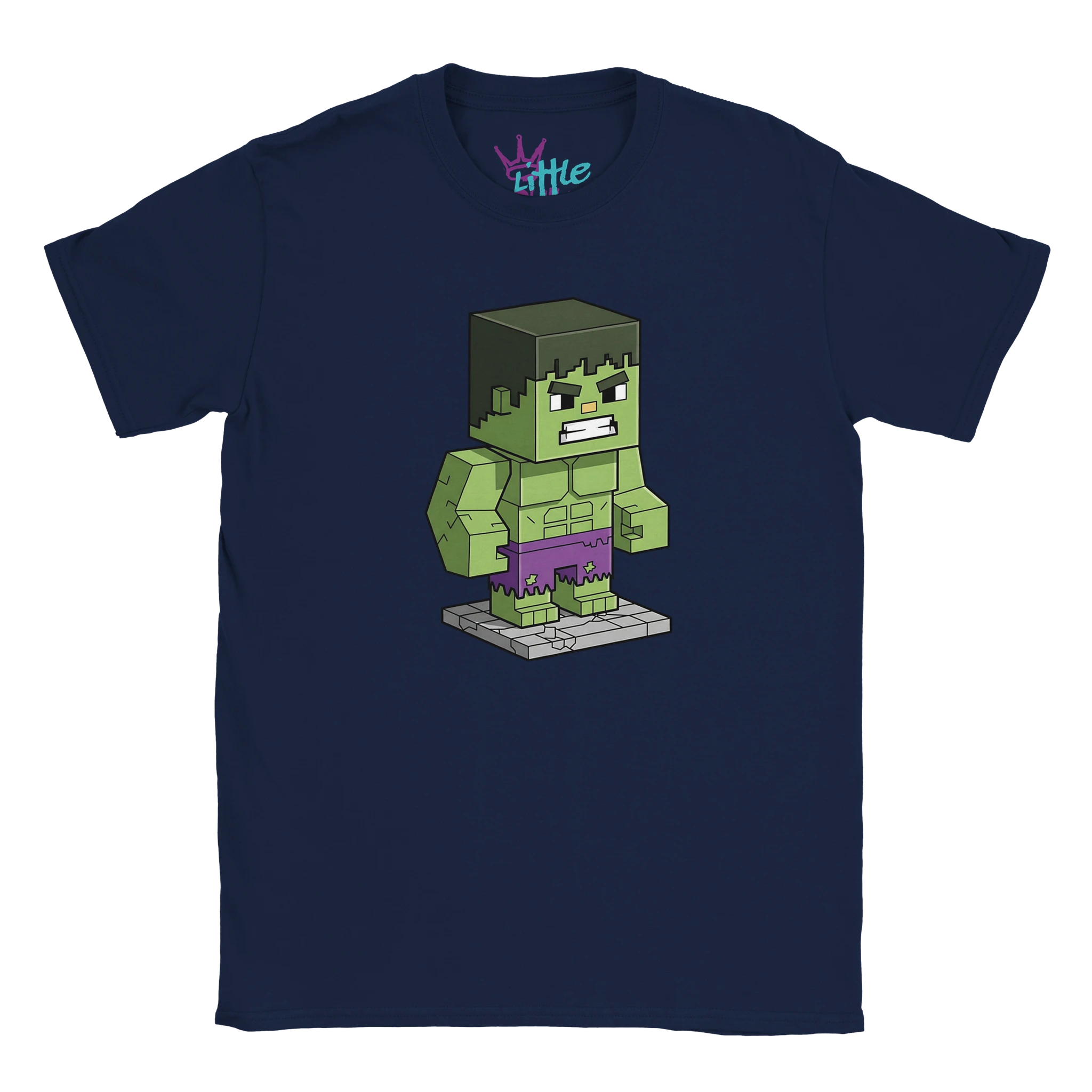 The Gamma Mine x Mined Kids T-Shirt by Little Cult features a voxel art Hulk parody in navy, perfect Minecraft-inspired clothing for kids who love playful superhero designs.