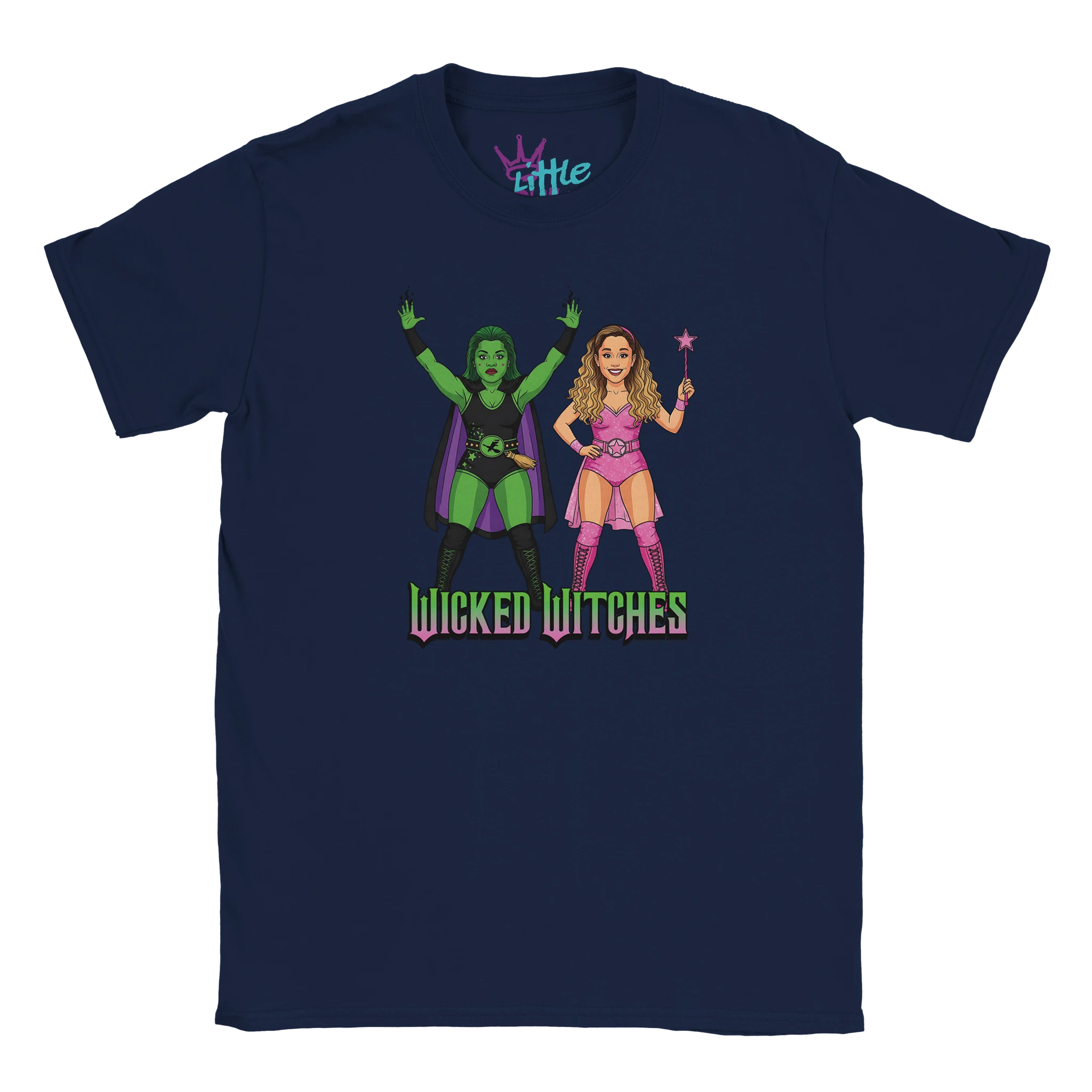 The Wicked Witches x Champions Kids T-Shirt by Little Cult features cartoon witches on a navy blue tee with Wicked Witches below—ideal for fans of Wicked musical merchandise and collectors alike.
