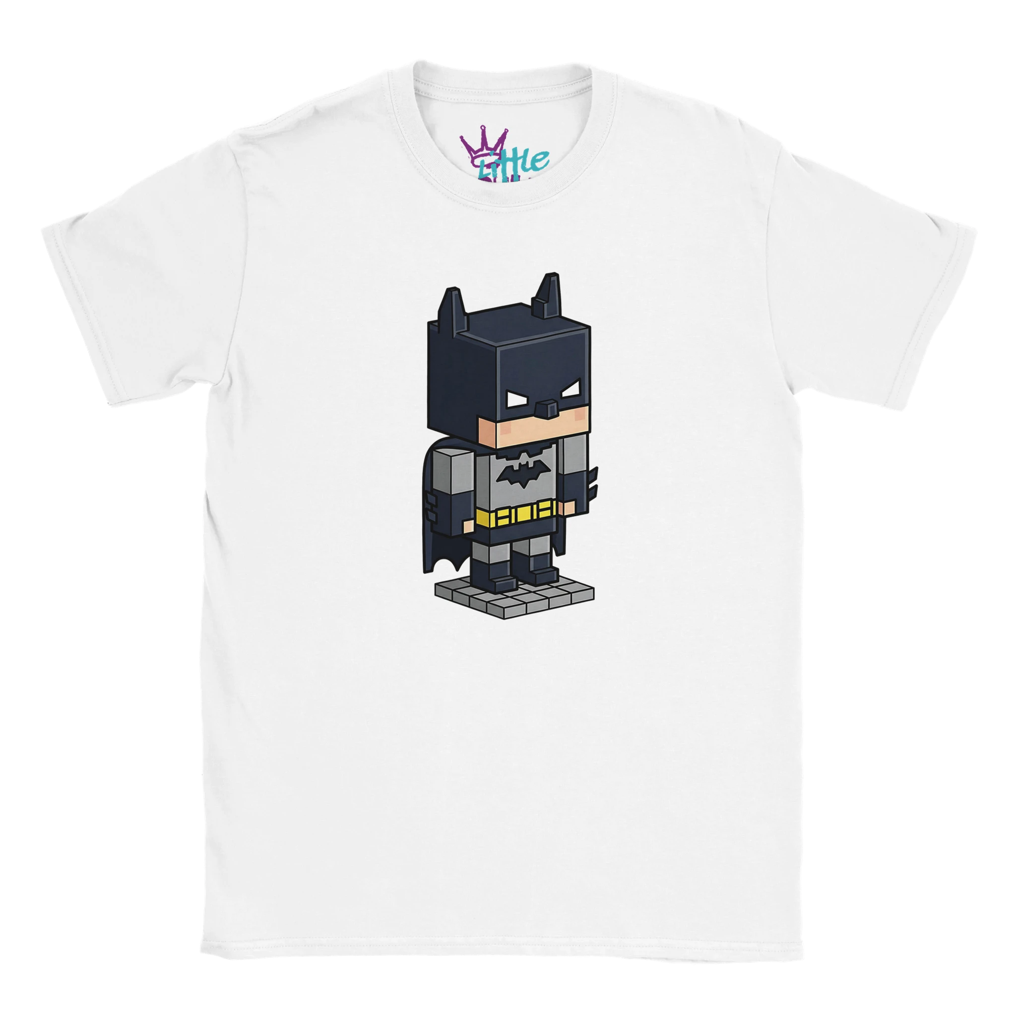 The Little Cult Voxel Knight x Mined Kids T-Shirt is a white tee with a voxel-inspired, cartoon Batman figure in black and gray with a yellow belt—perfect for fans of playful Minecraft-style and Batman kids clothing.