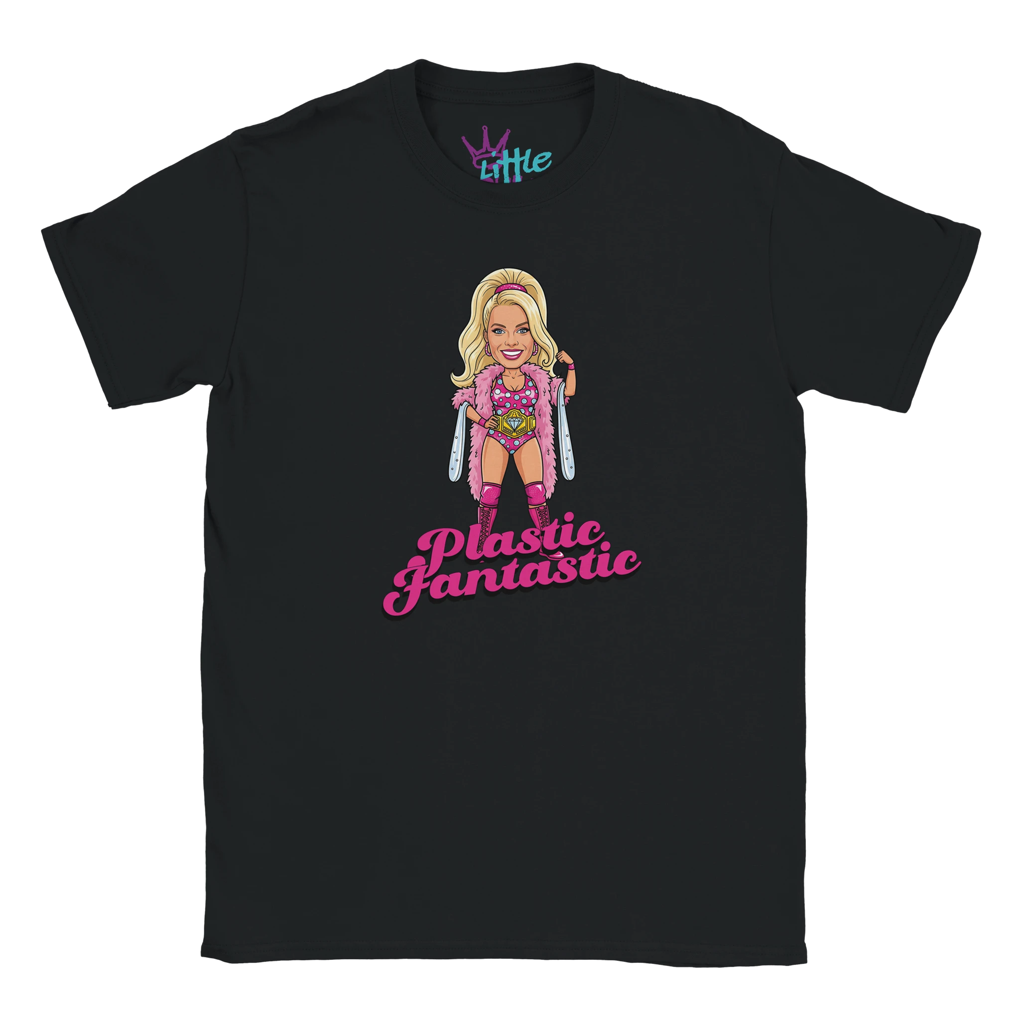 The Plastic Fantastic x Champions Kids T-Shirt by Little Cult is a black tee with a cartoon blonde woman, bold pink Plastic Fantastic text, and Little with a crown near the collar—perfect for playful Barbie wrestling fans.