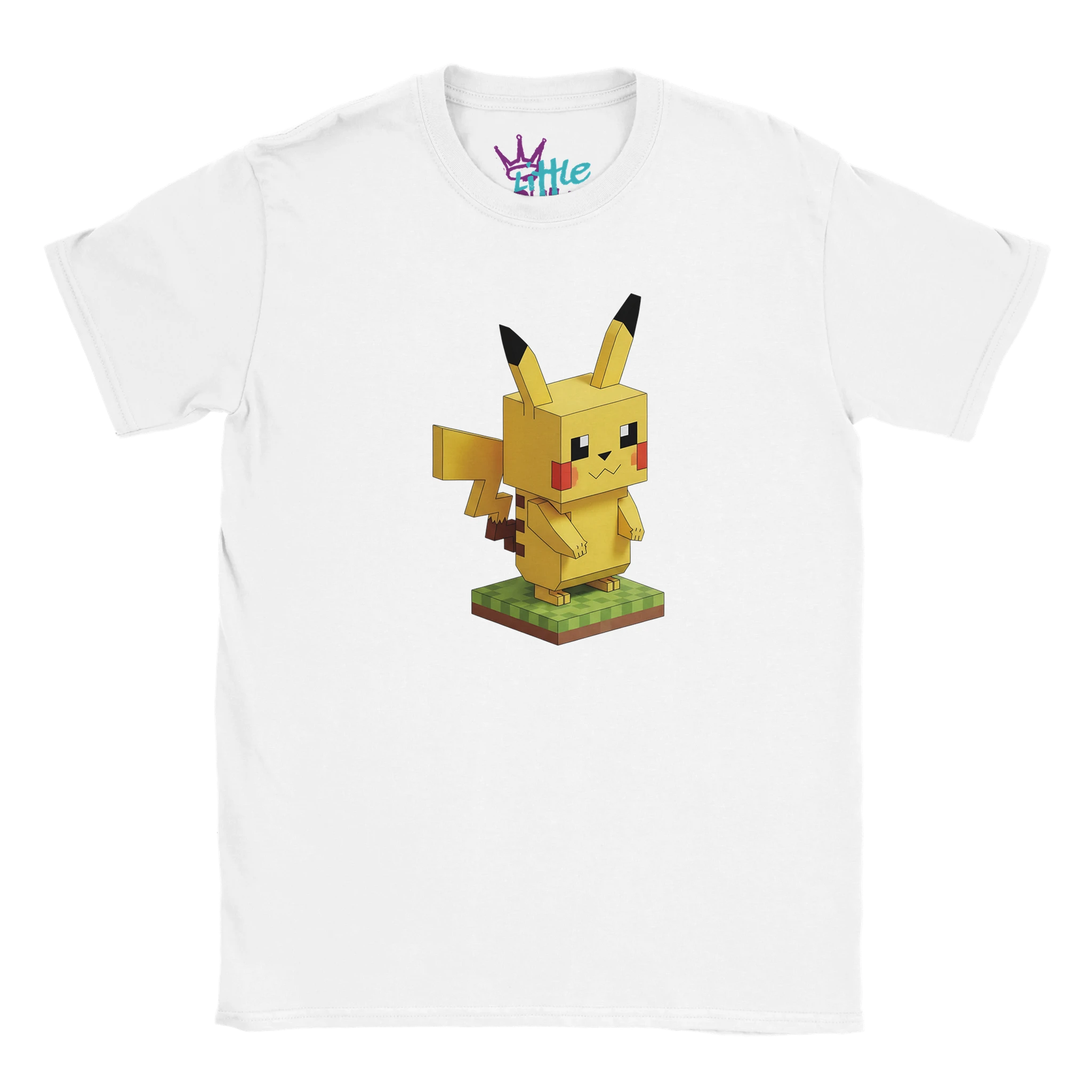 The Little Cult Electric Voxel x Mined Kids T-Shirt features a white tee with a voxel Pikachu on a grassy block—perfect Minecraft-inspired clothing for young Pokémon fans.