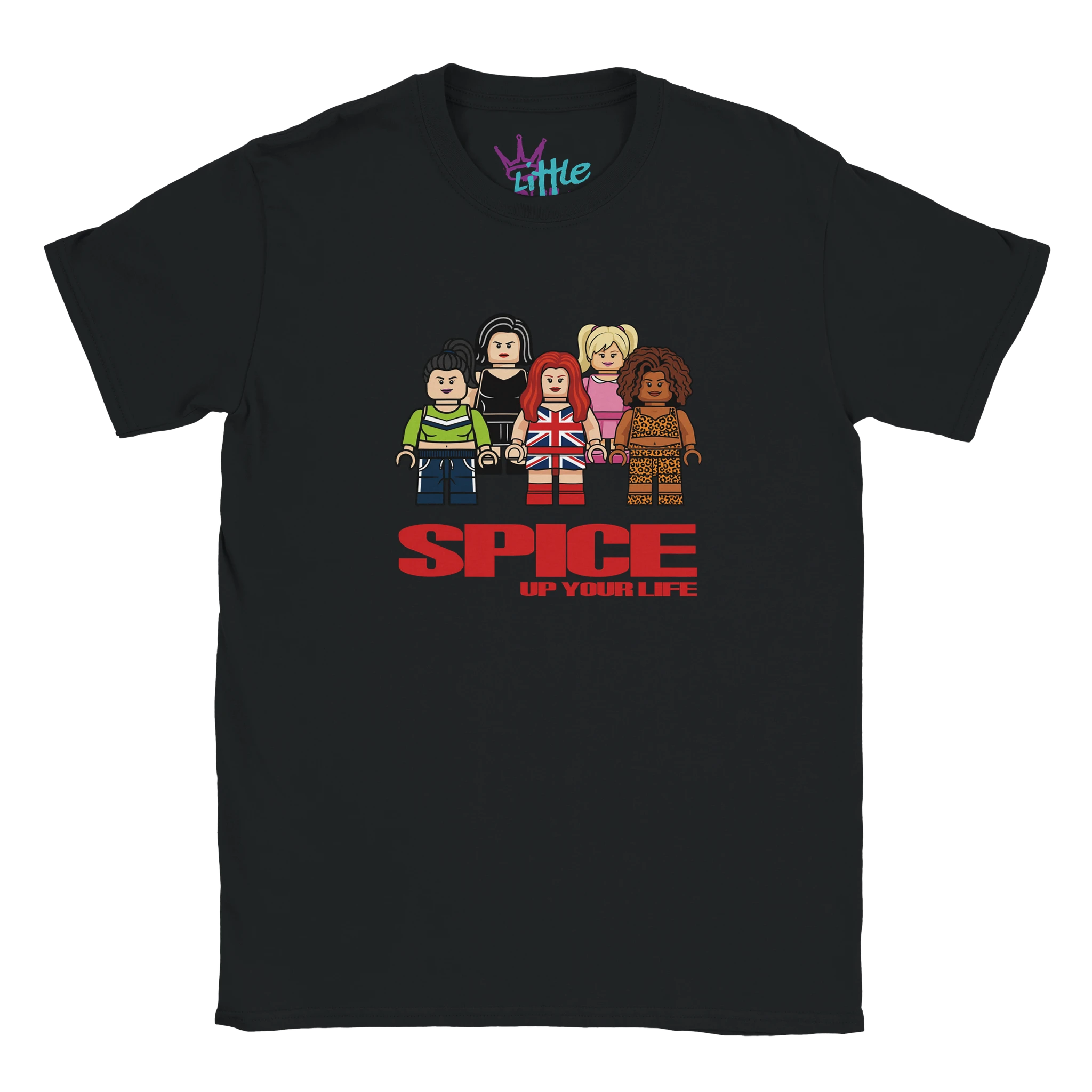 The Little Cult Spice Up Your Brick Girl Power x Blocks Kids T-Shirt features five 90s-inspired Lego-style figures above "SPICE UP YOUR LIFE" in bold red letters—a playful nod to girl power.