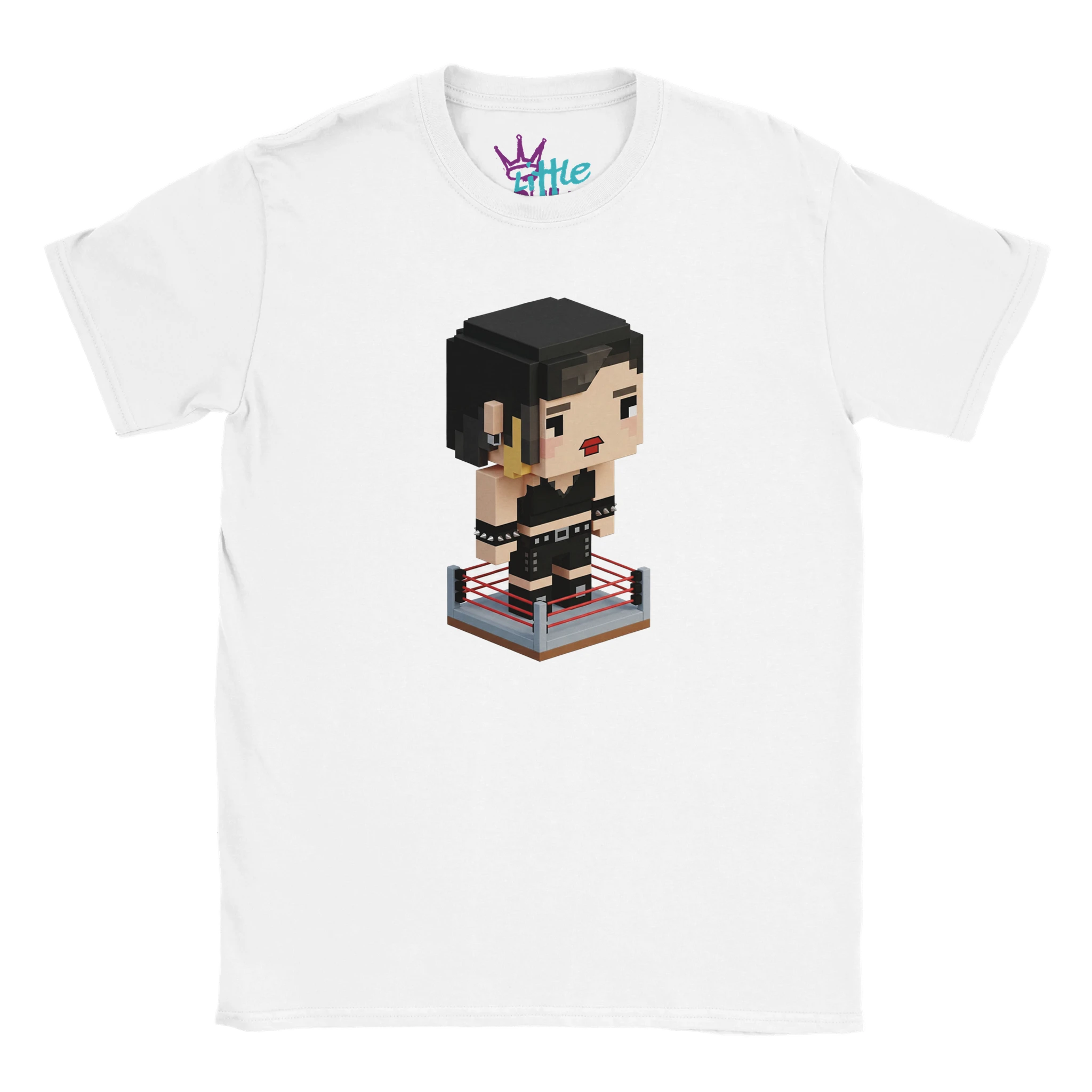The Eradicator Stone x Mined Kids T-Shirt by Little Cult is a white tee with a pixel art design inspired by Rhea Ripley, perfect for WWE fans or Minecraft-loving kids.
