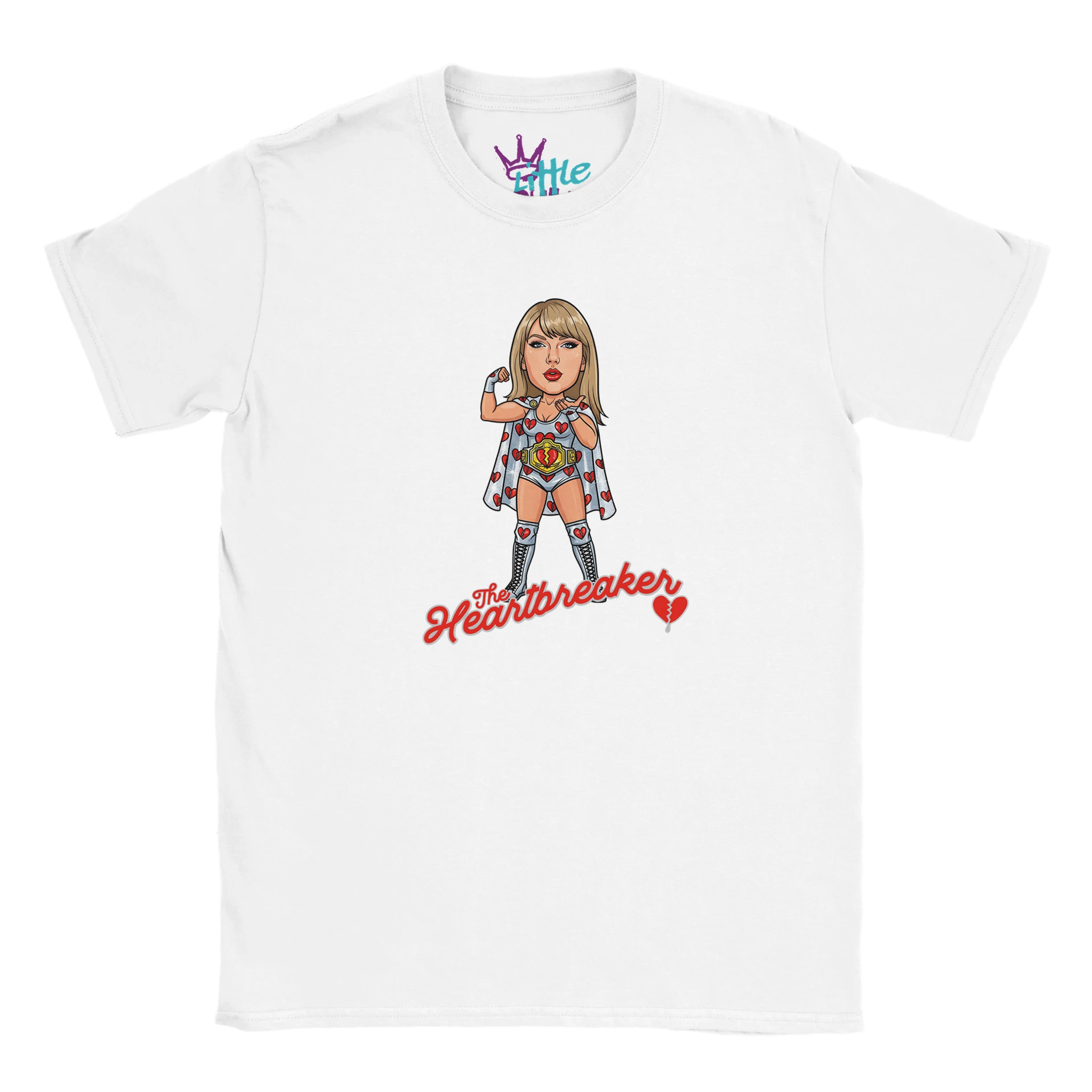 The Heartbreaker x Champions Kids T-Shirt by Little Cult is a white tee with a cartoon woman in a superhero outfit, red cursive The Heartbreaker, and a small red heart—ideal for unique Taylor Swift-inspired merch.