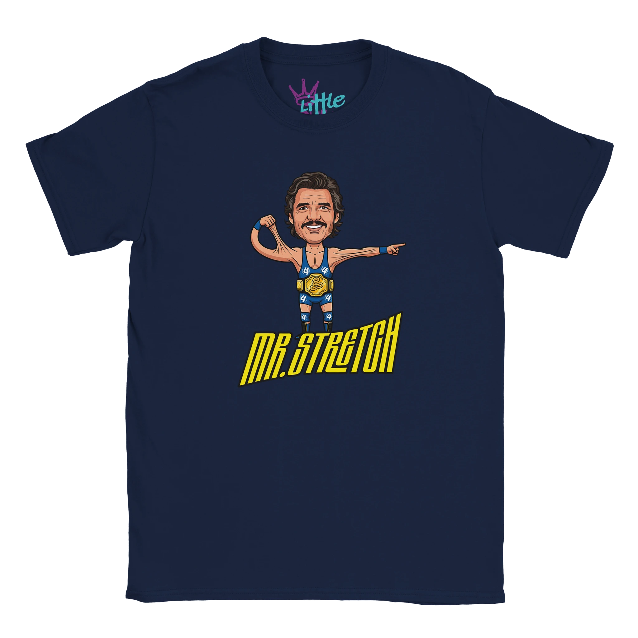 The Mr Stretch x Champions Kids T-Shirt by Little Cult is a navy blue tee featuring a cartoon wrestler flexing and pointing, with bold yellow “MR. STRETCH” text below—a playful nod to wrestling pop culture.