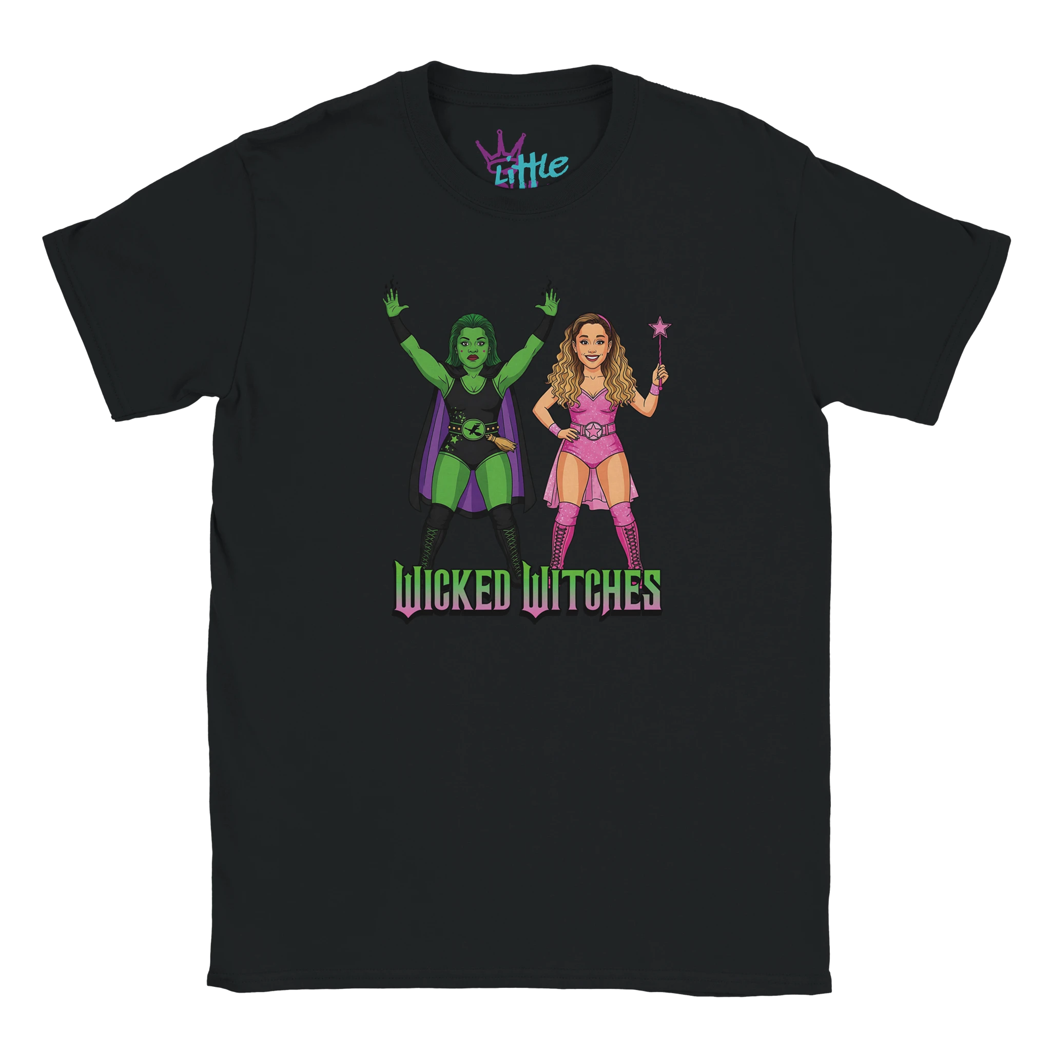 The Little Cult Wicked Witches x Champions Kids T-Shirt is a black tee with cartoon illustrations of two witches—one in green with a cape, one in pink with a wand. Wicked Witches text appears below the design.
