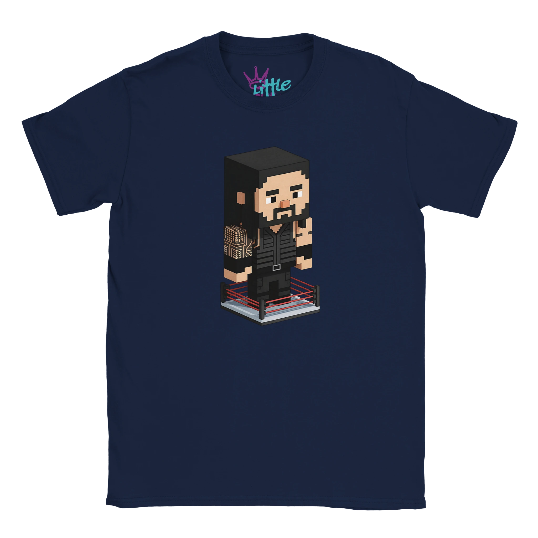 The Tribal Mine x Mined Kids T-Shirt by Little Cult is a navy blue tee with a pixel art bearded character in black clothes, standing in a wrestling ring and holding a microphone.