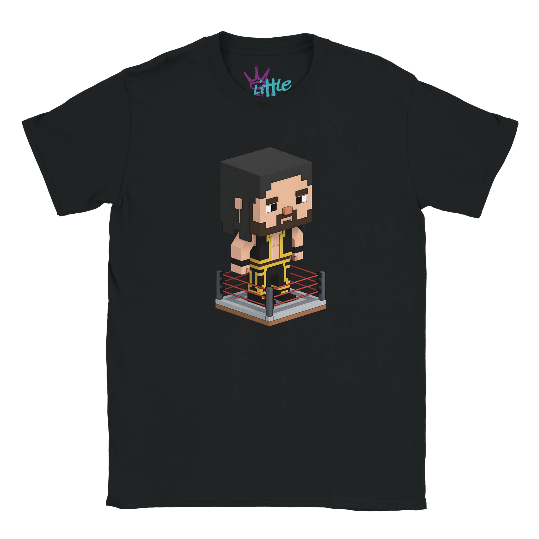 The Visionary Cobble x Mined Kids T-Shirt by Little Cult features pixel art of a wrestler in black and yellow, inspired by Seth Rollins, standing in a ring—ideal for WWE or Minecraft fans.