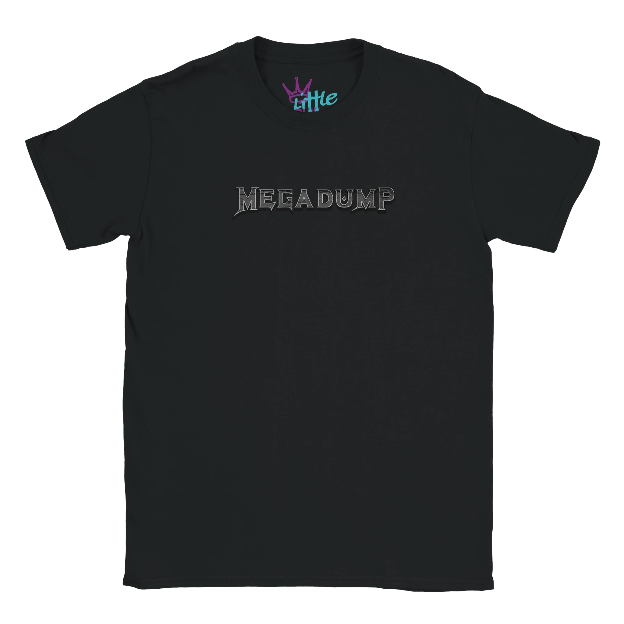 The Megadump x Riffs Kids T-Shirt by Little Cult features bold, gray MEGADUMP lettering across the chest—a hilarious Megadeth parody perfect for parenting. The little brand appears in purple and teal inside the collar.