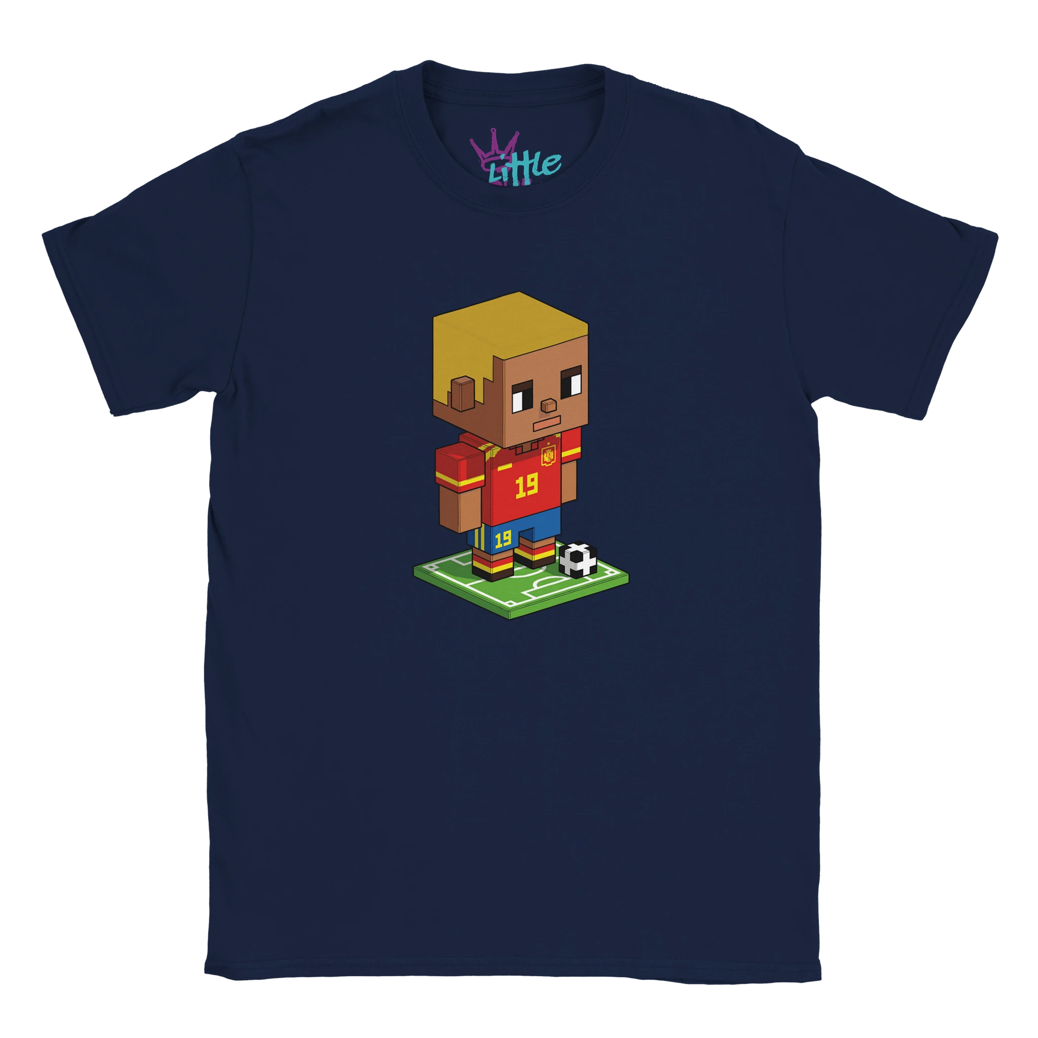 The Prodigy Mine x Mined Kids T-Shirt by Little Cult is a navy blue tee featuring a voxel art soccer player in a red and yellow #19 jersey, standing on a green field with a soccer ball—ideal for Minecraft fans.